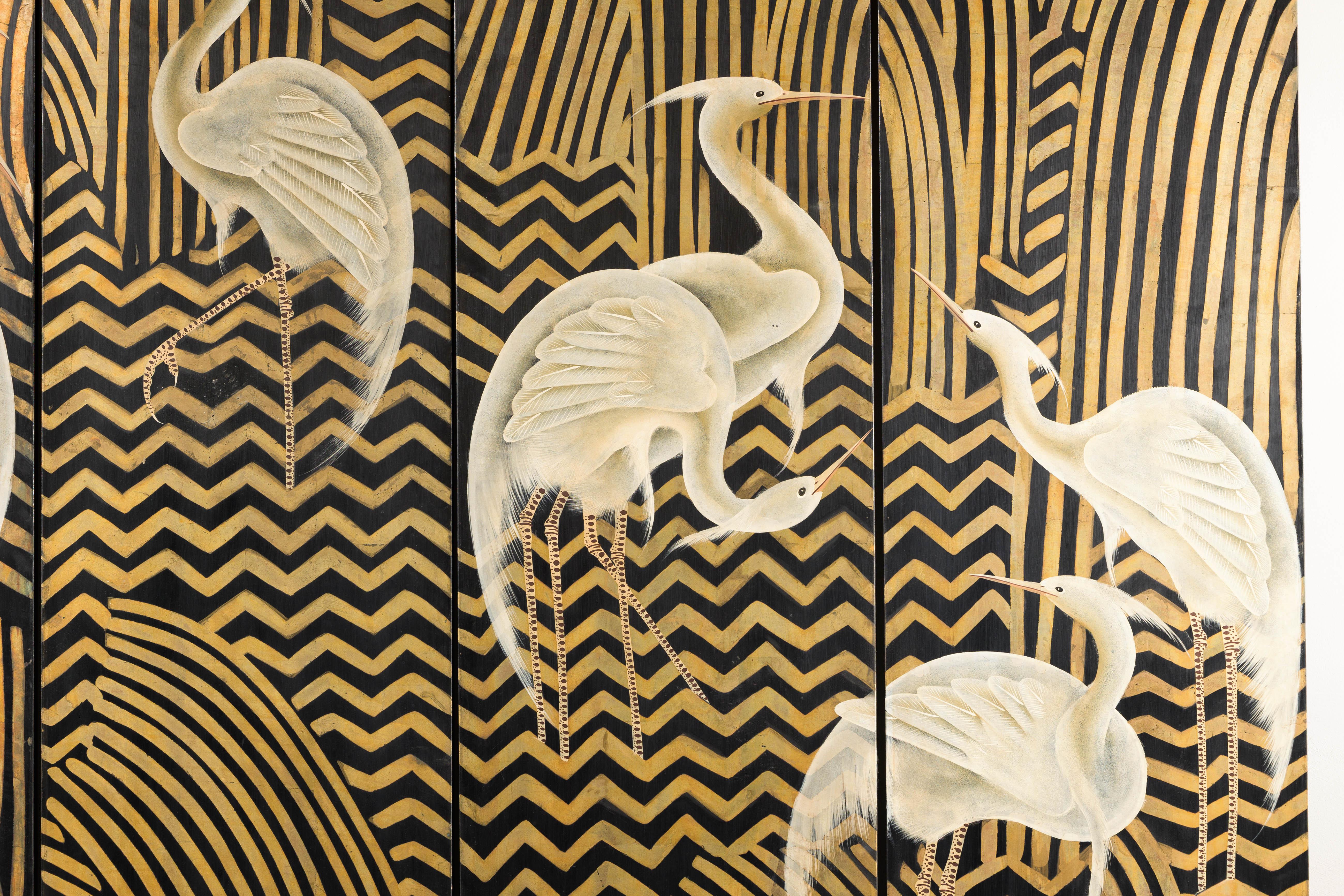 Art Deco Style Black and Gold Four-Panel Screen with Painted White Cranes 5