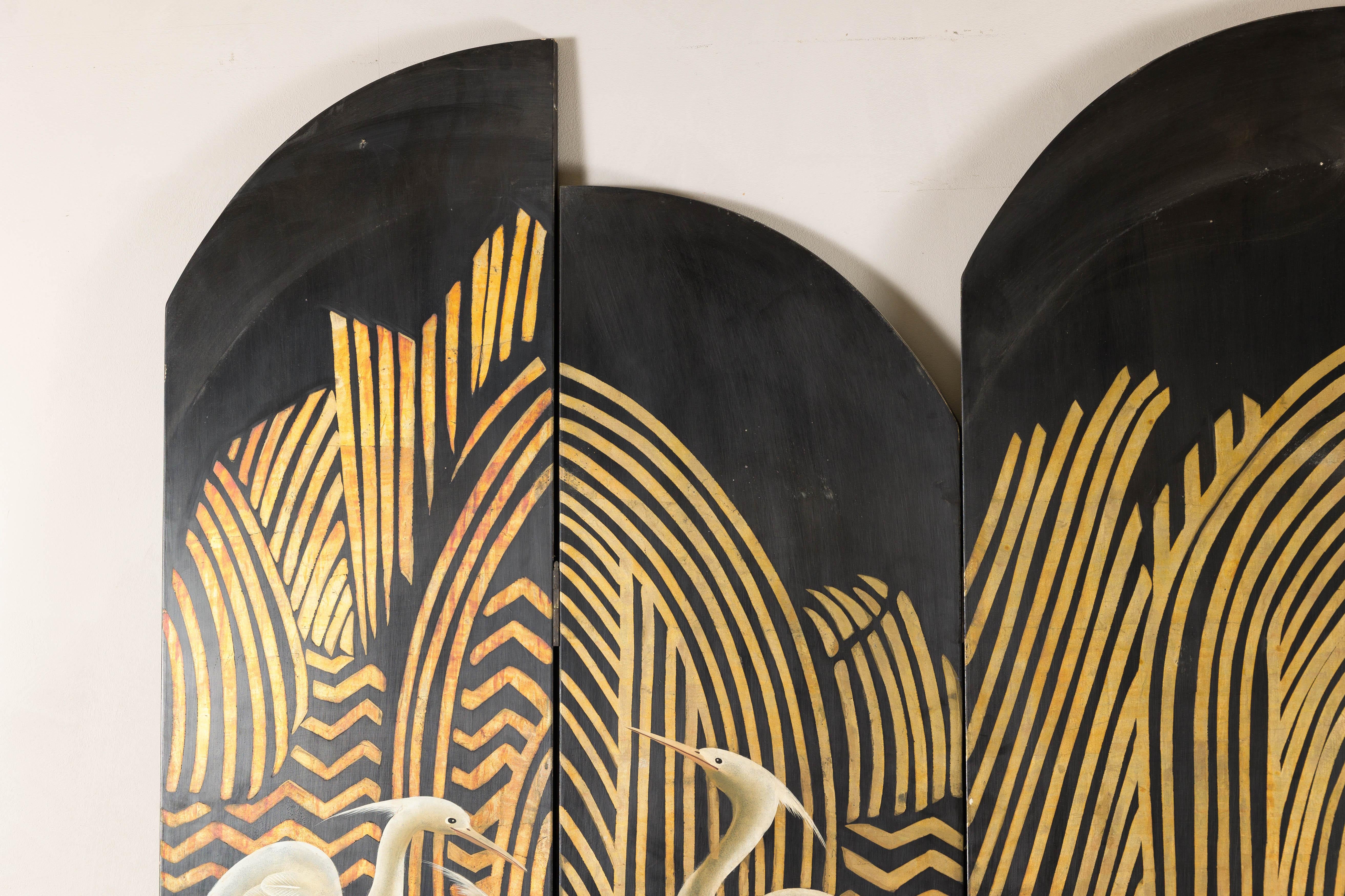 Art Deco Style Black and Gold Four-Panel Screen with Painted White Cranes 6