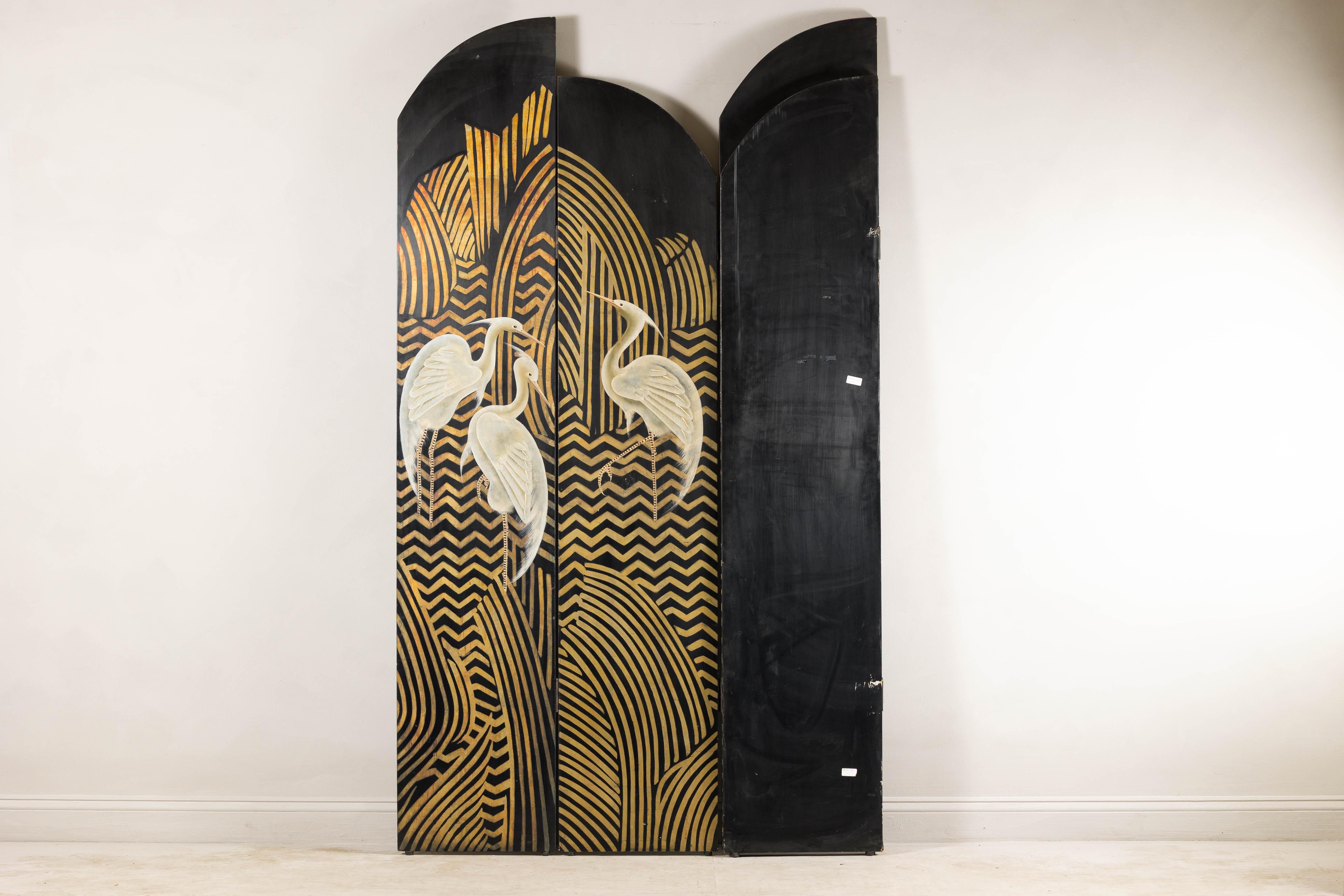 Art Deco Style Black and Gold Four-Panel Screen with Painted White Cranes 7