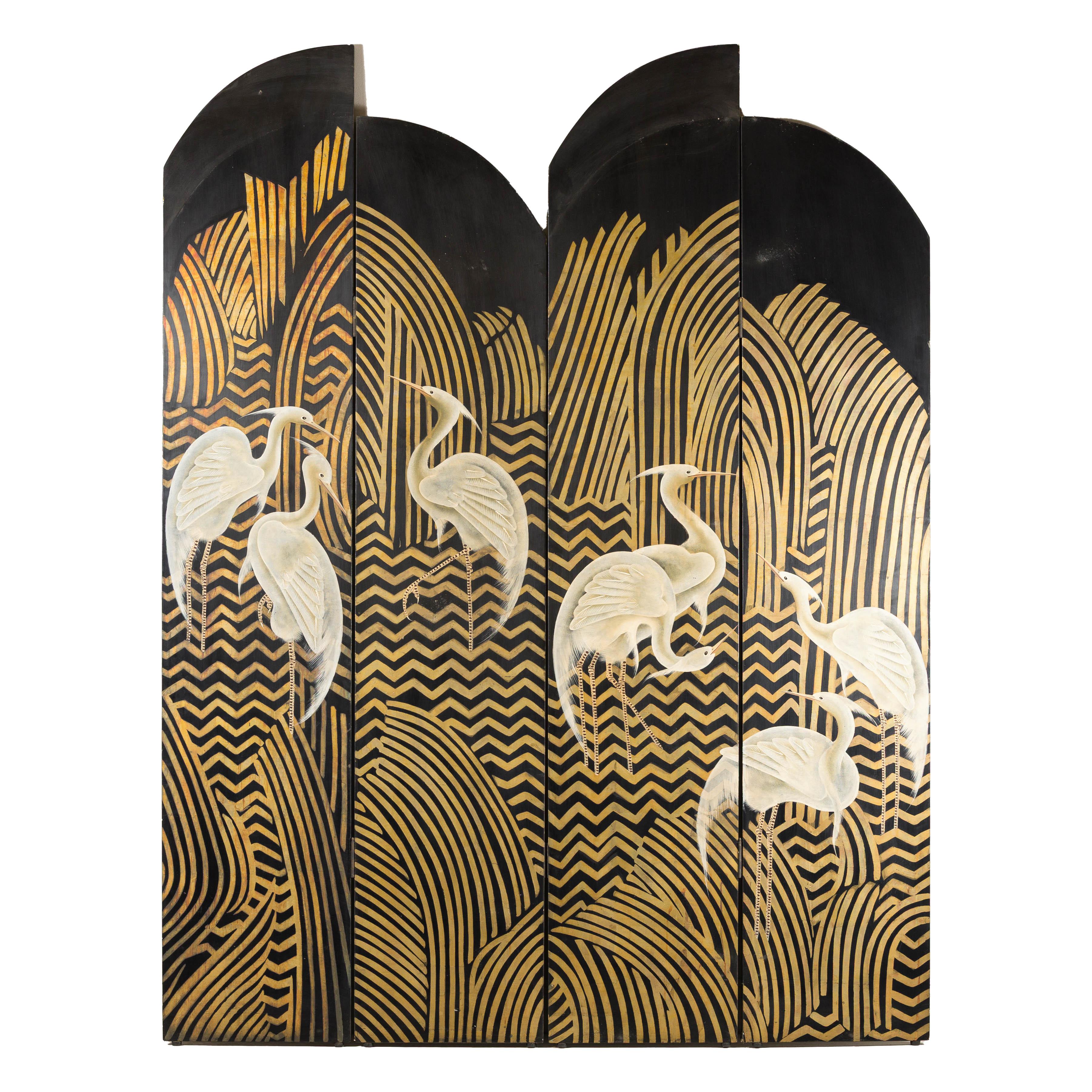 Art Deco Style Black and Gold Four-Panel Screen with Painted White Cranes 8