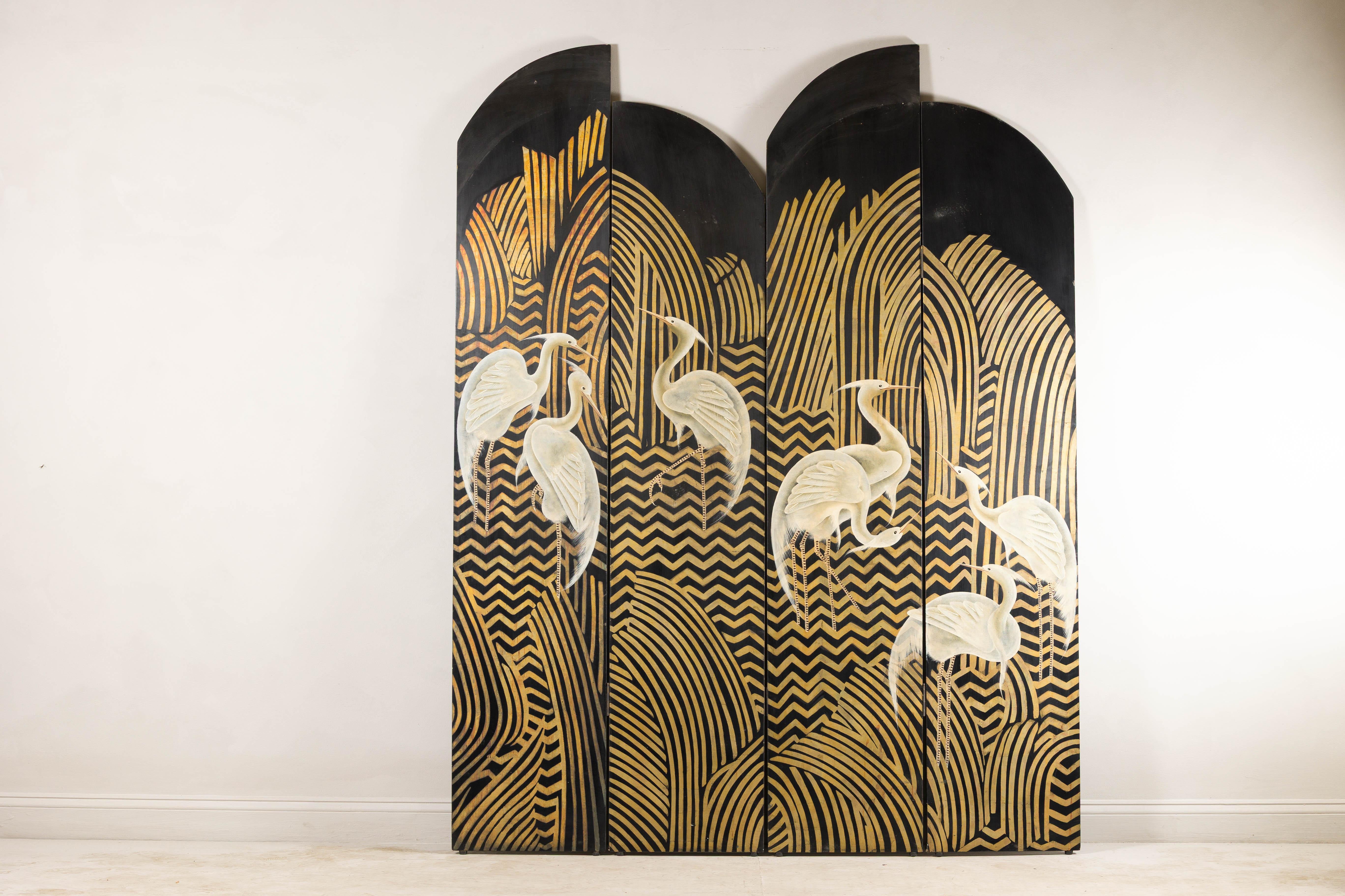 Boldly decorative and visually striking, this four-panel vintage screen features a high-contrast palette of matte black, gold, and ivory white. The arched silhouette of each panel introduces a sculptural element, while the hand-painted motif of