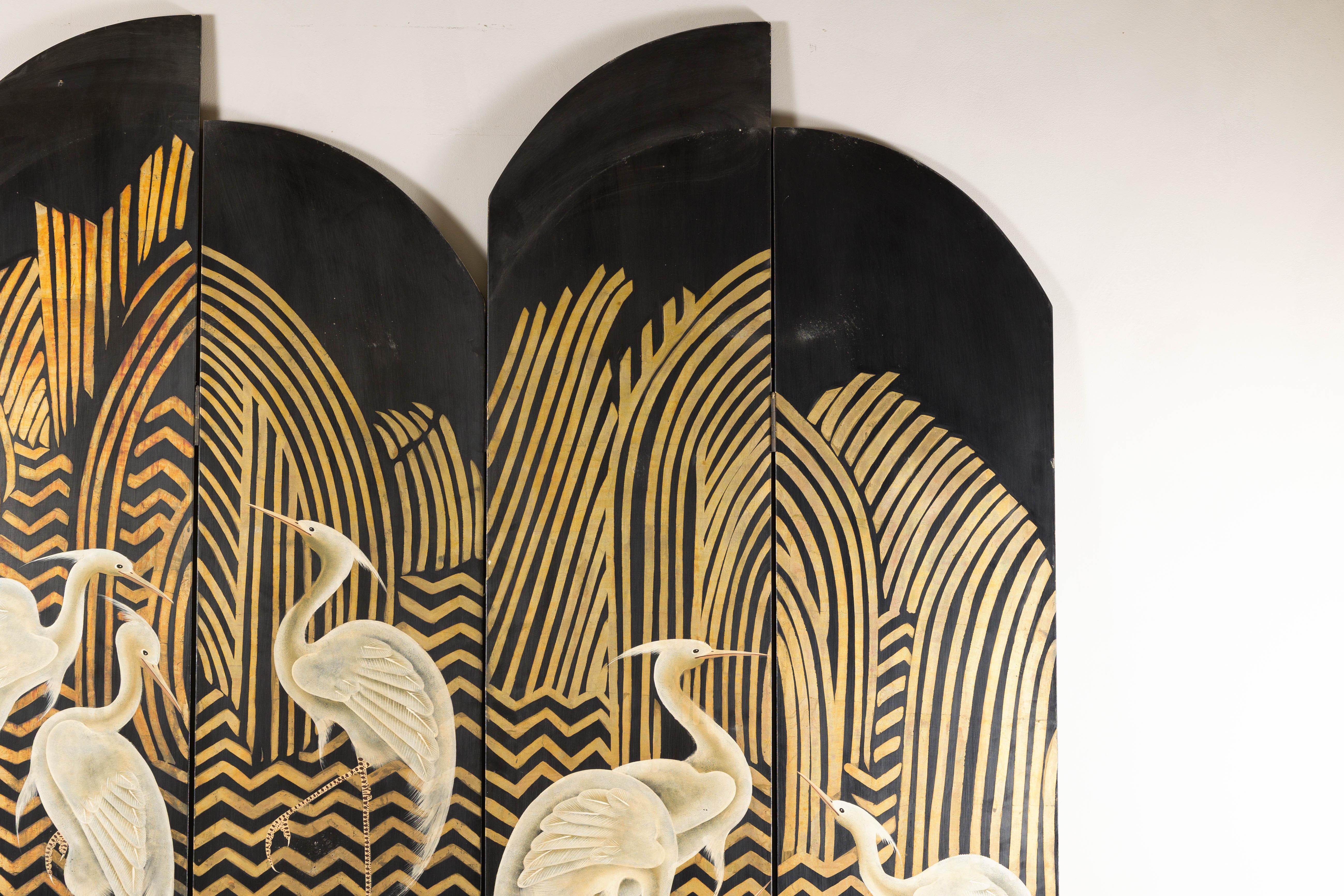 Chinese Art Deco Style Black and Gold Four-Panel Screen with Painted White Cranes