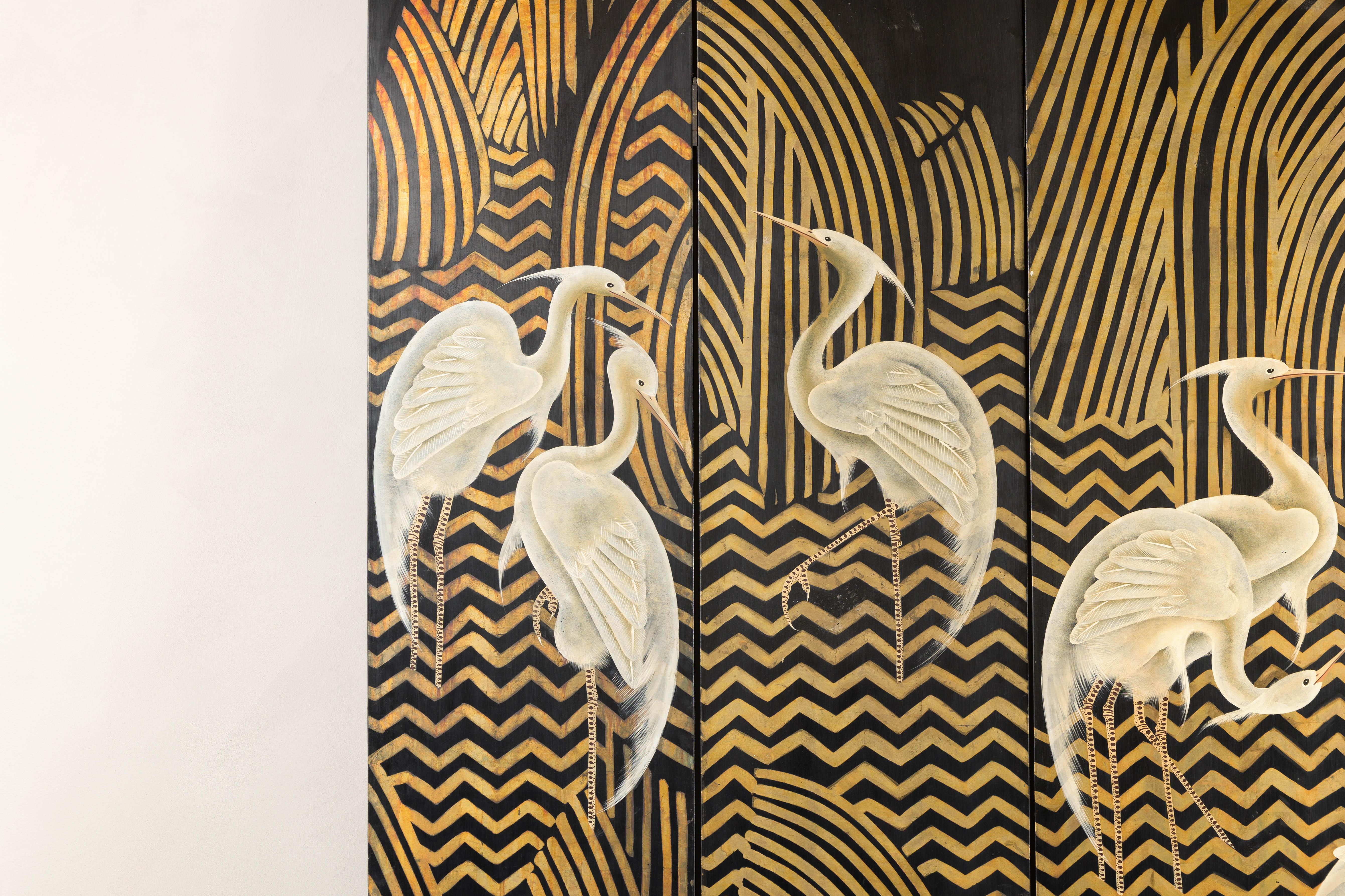Gilt Art Deco Style Black and Gold Four-Panel Screen with Painted White Cranes