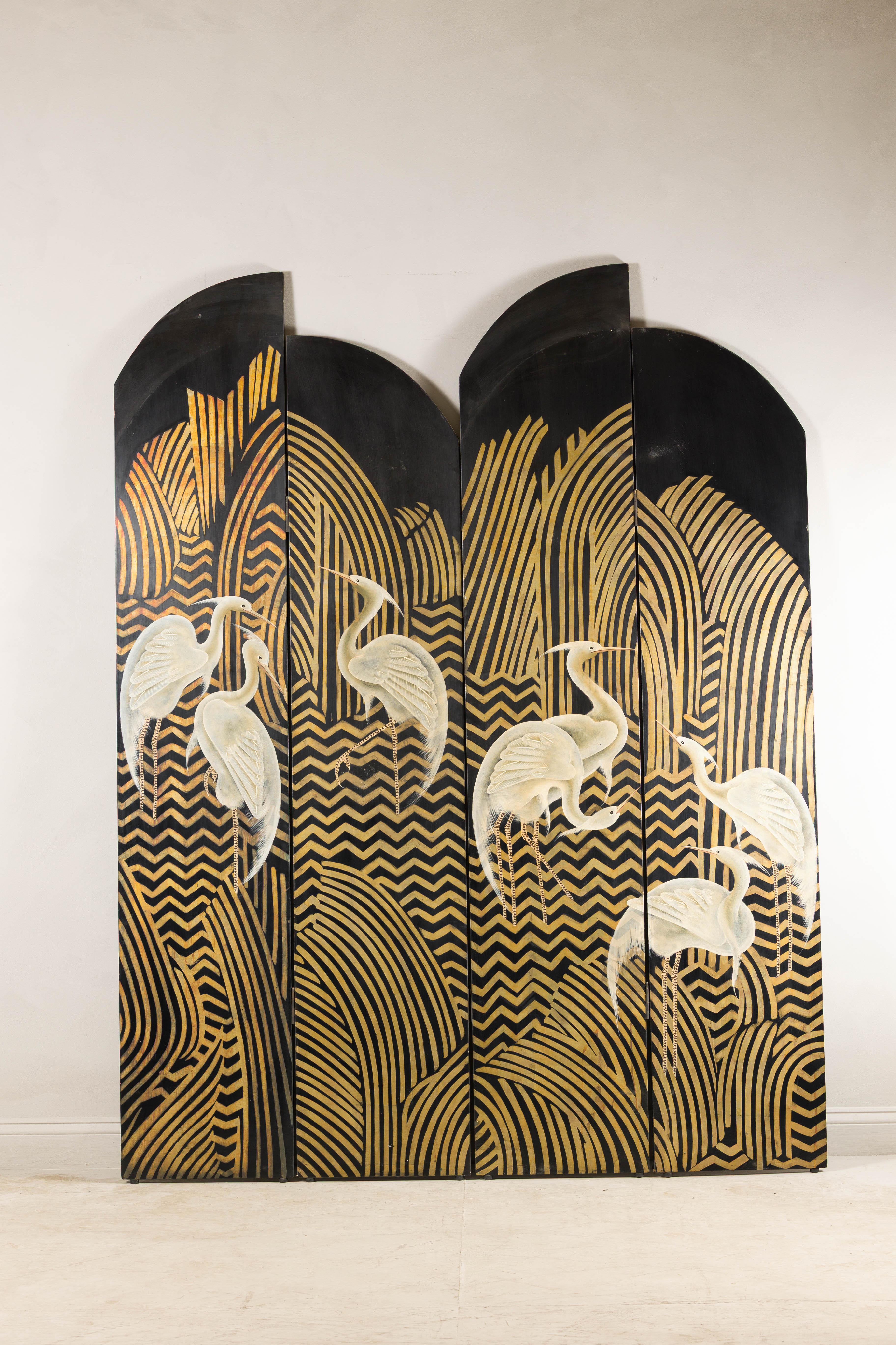 Art Deco Style Black and Gold Four-Panel Screen with Painted White Cranes In Good Condition In Yonkers, NY