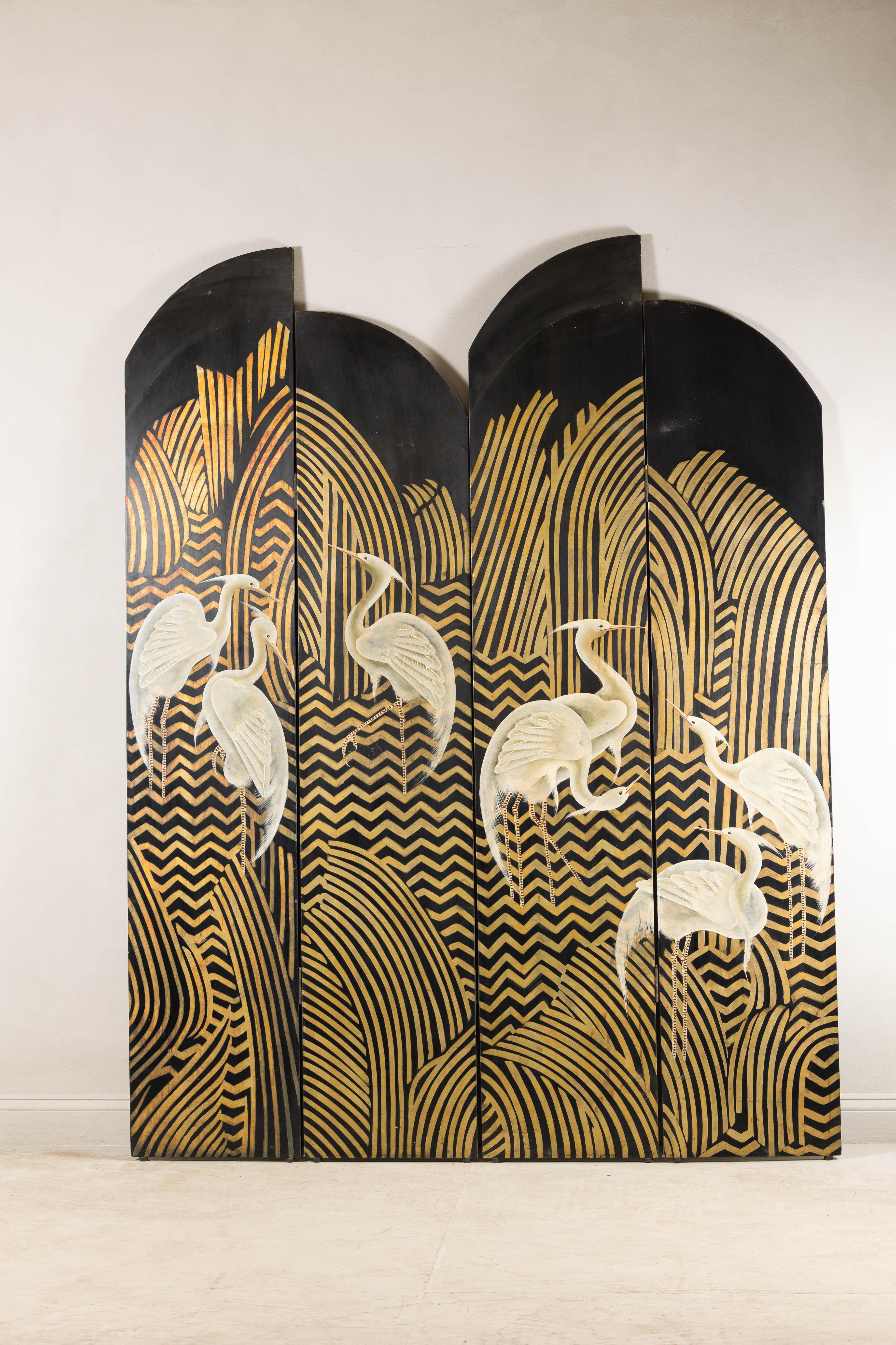20th Century Art Deco Style Black and Gold Four-Panel Screen with Painted White Cranes