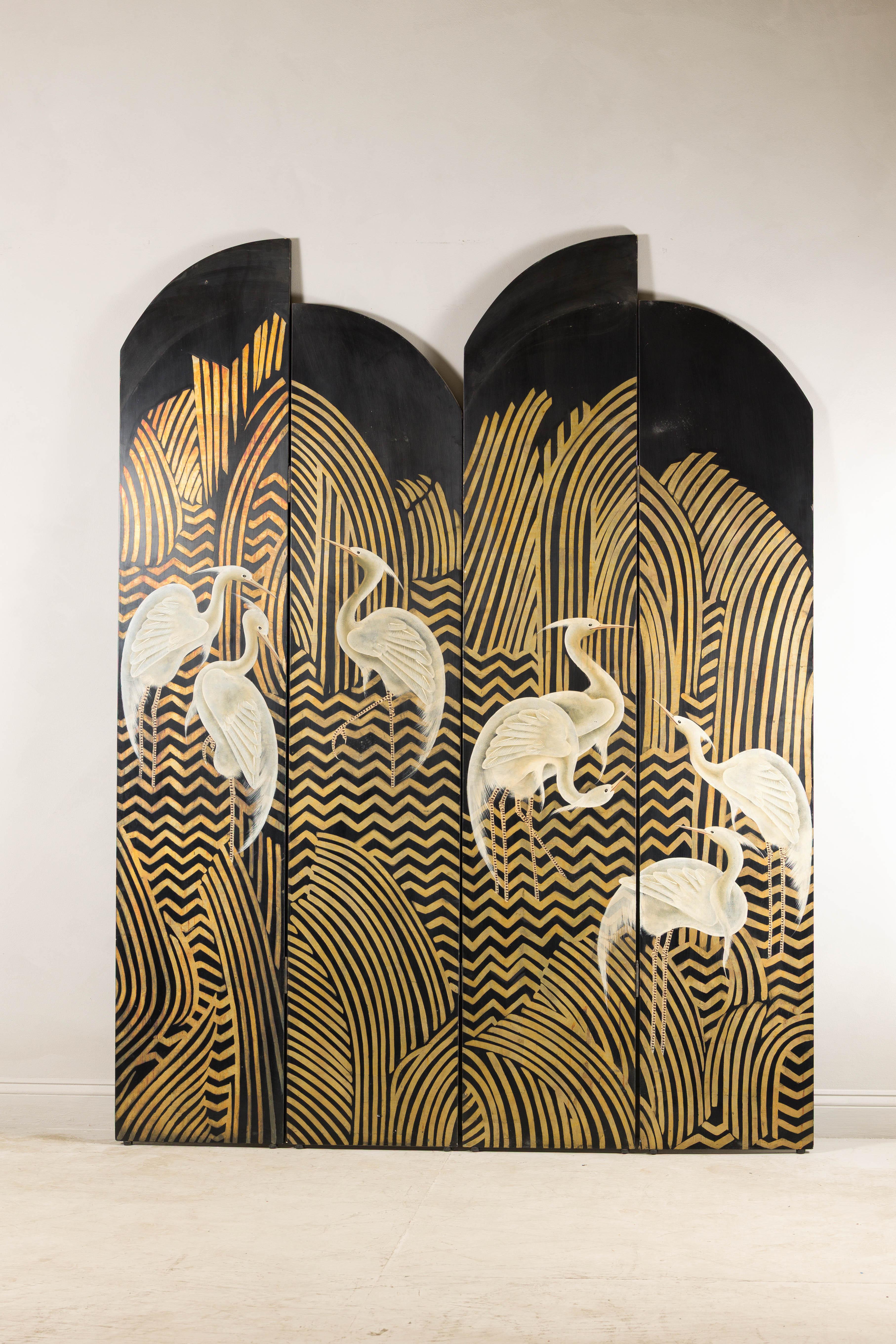 Wood Art Deco Style Black and Gold Four-Panel Screen with Painted White Cranes