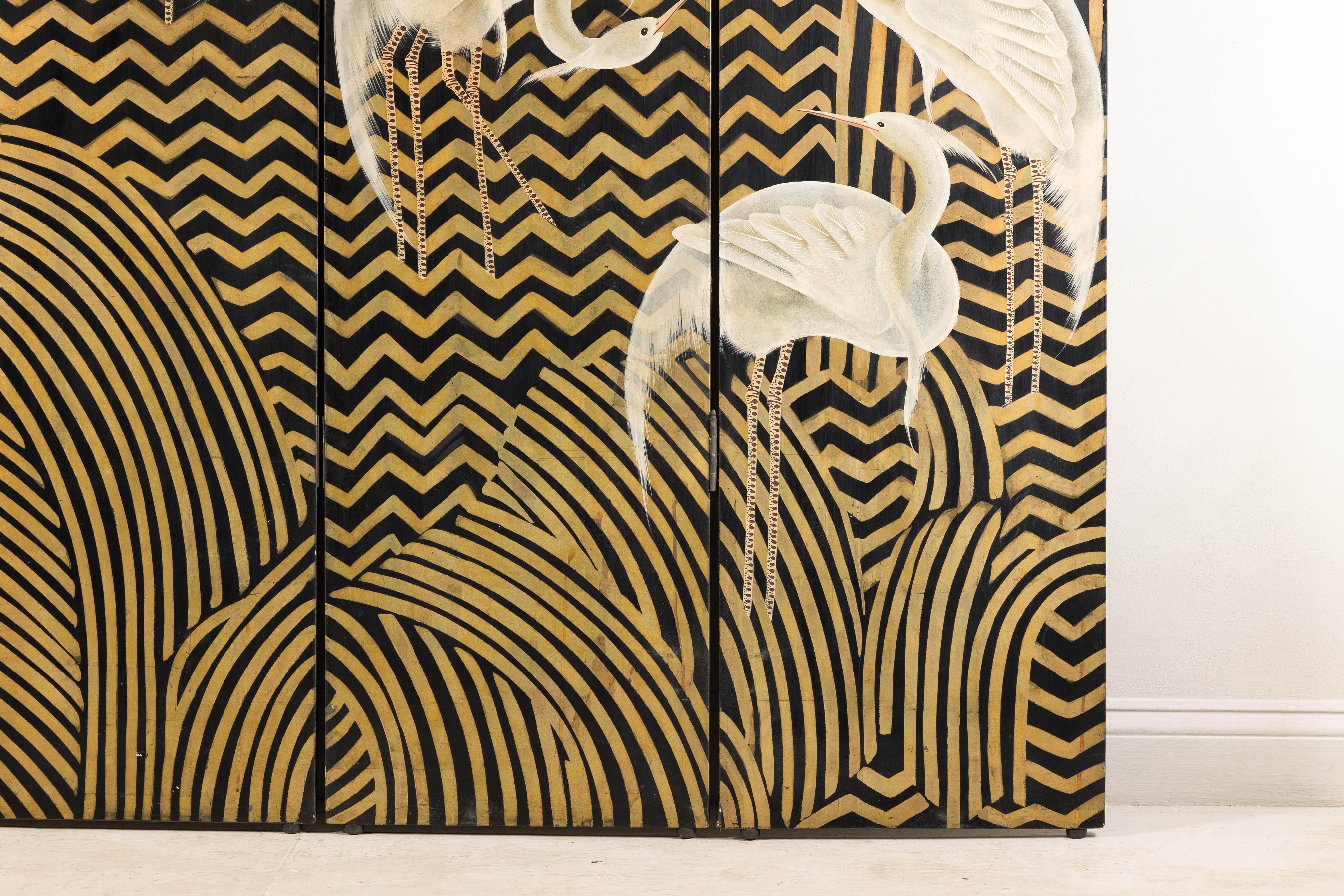 Art Deco Style Black and Gold Four-Panel Screen with Painted White Cranes 1