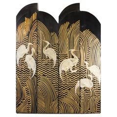 Art Deco Style Black and Gold Four-Panel Screen with Painted White Cranes