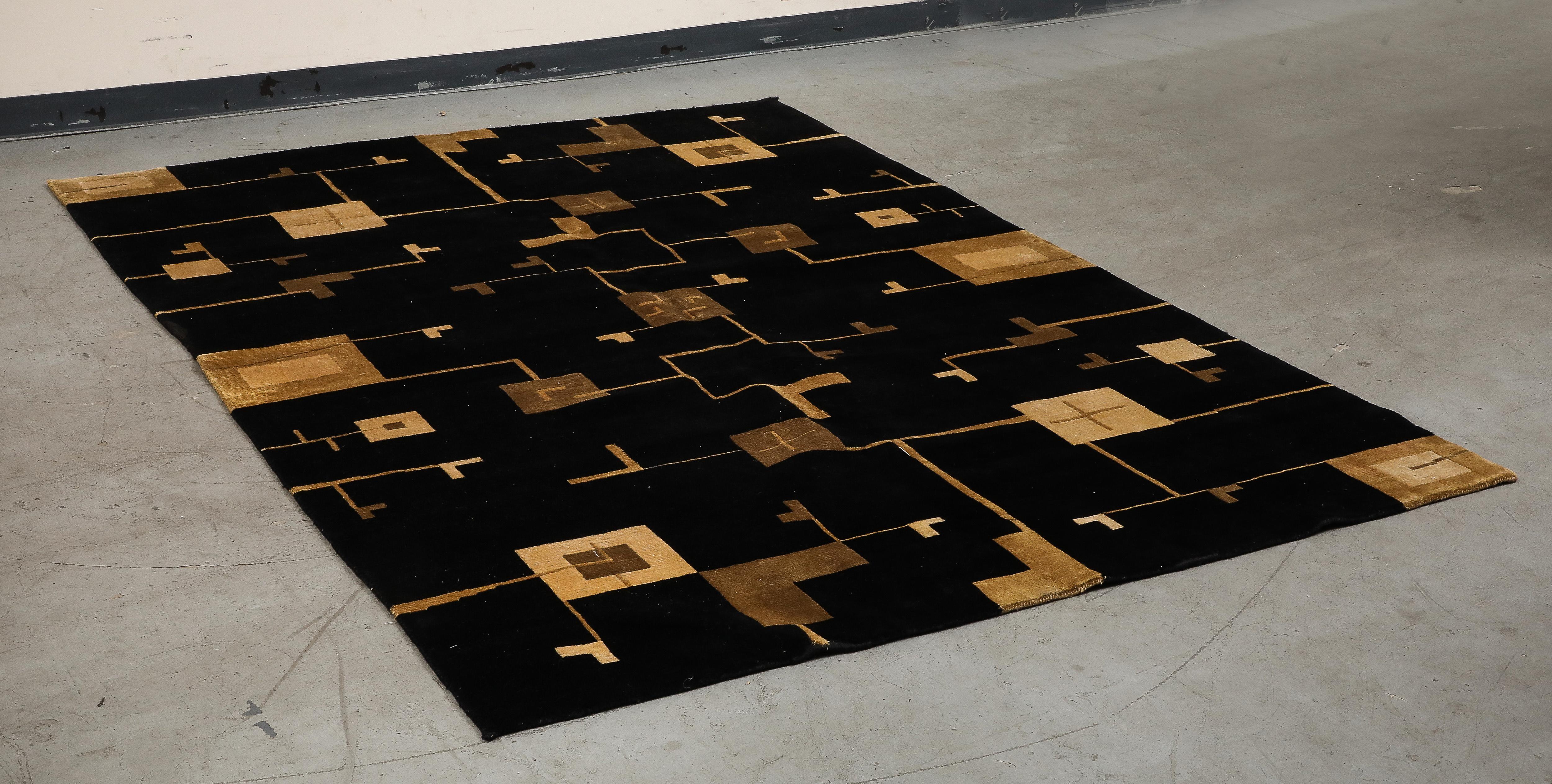 Hand-Woven Art Deco Style Black and Gold Hand Woven Wool Rug circa 2000 For Sale