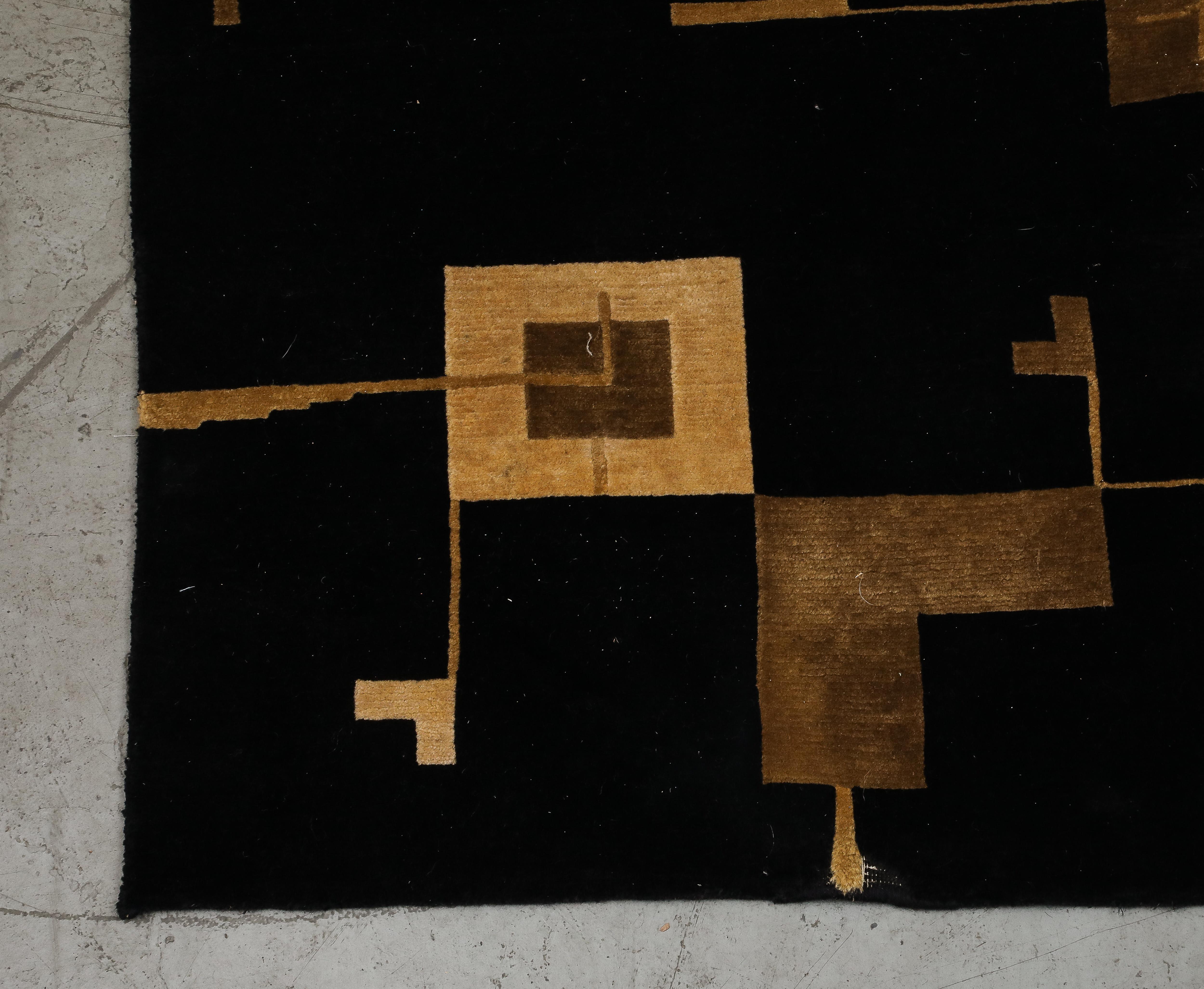 Contemporary Art Deco Style Black and Gold Hand Woven Wool Rug circa 2000 For Sale