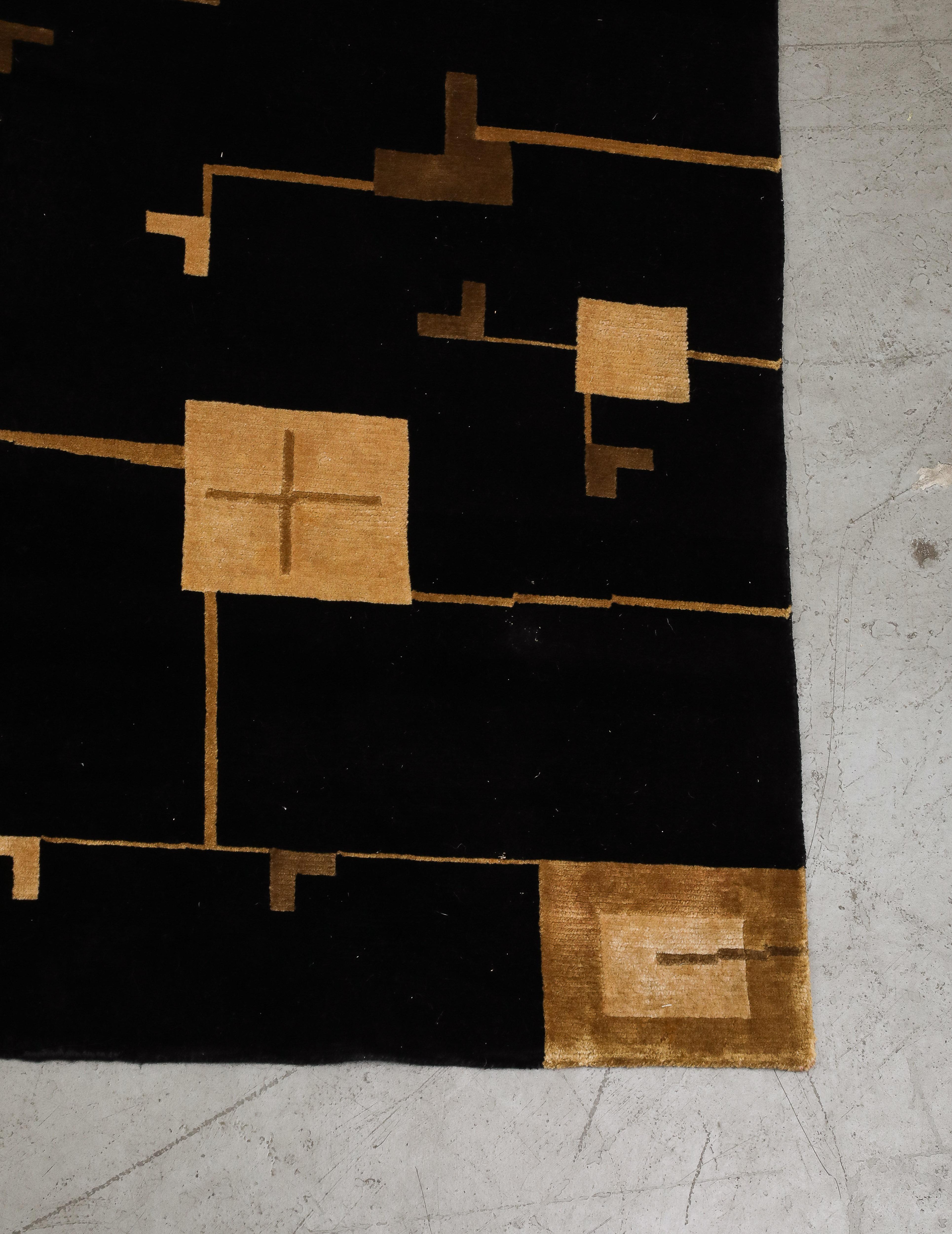 Art Deco Style Black and Gold Hand Woven Wool Rug circa 2000 For Sale 1