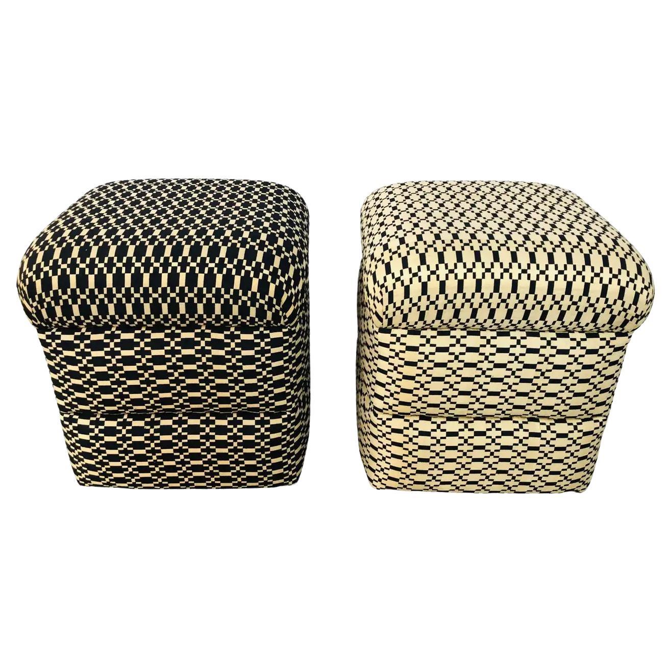 Art Deco Style Black and off White Cube Ottoman or Stool, Compatible Pair For Sale
