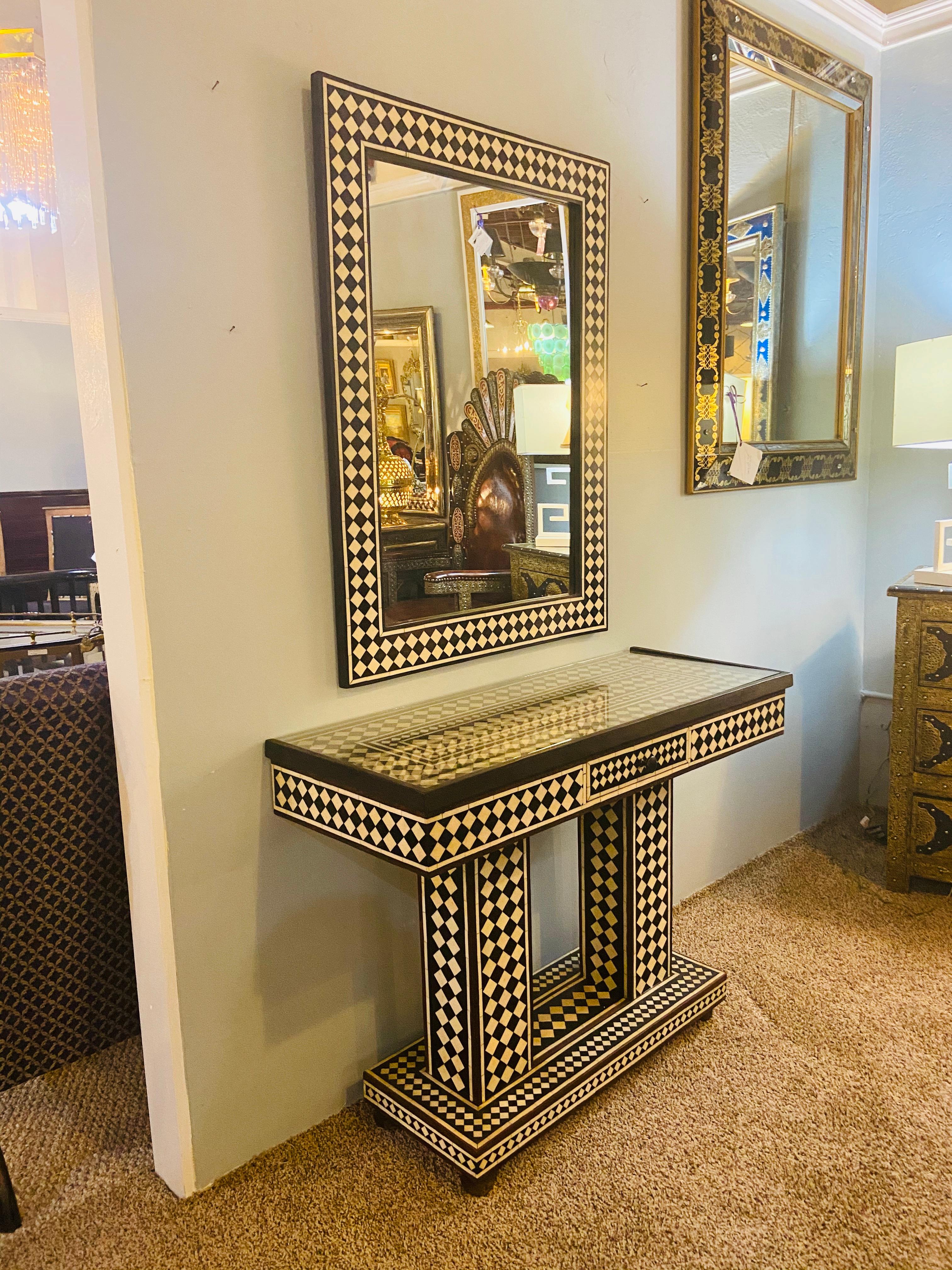 Late 20th Century Art Deco Style Black and White Console Table and Mirror in Diamond Pattern