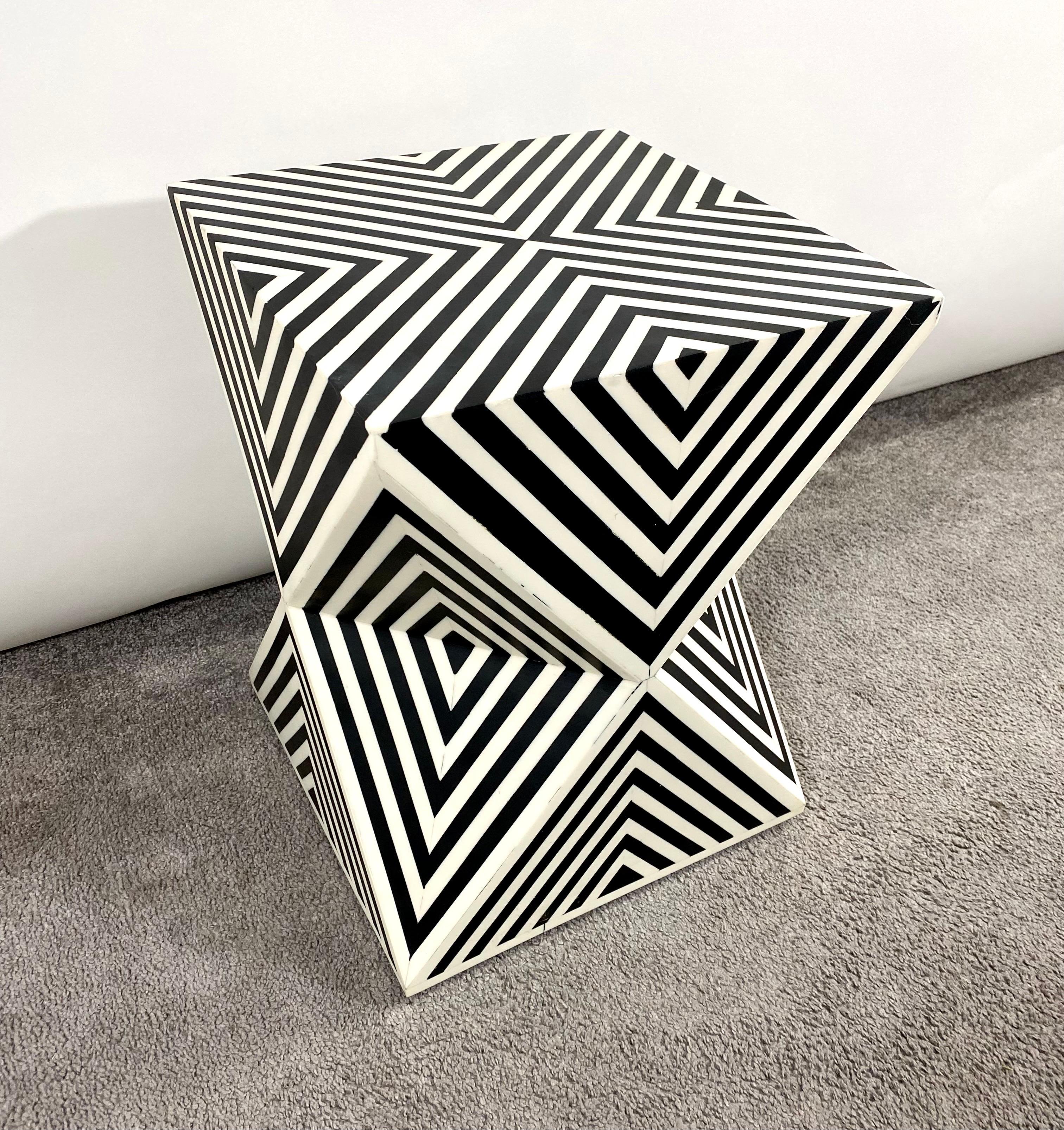 Hand-Crafted Art Deco Style Black and White Resin Sculptural Side, End Table or Stool