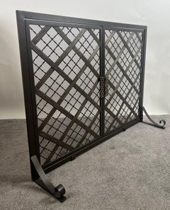 Art Deco Style Black & Bronzed Metal Two-Door & Diamond Design Fireplace Screen
