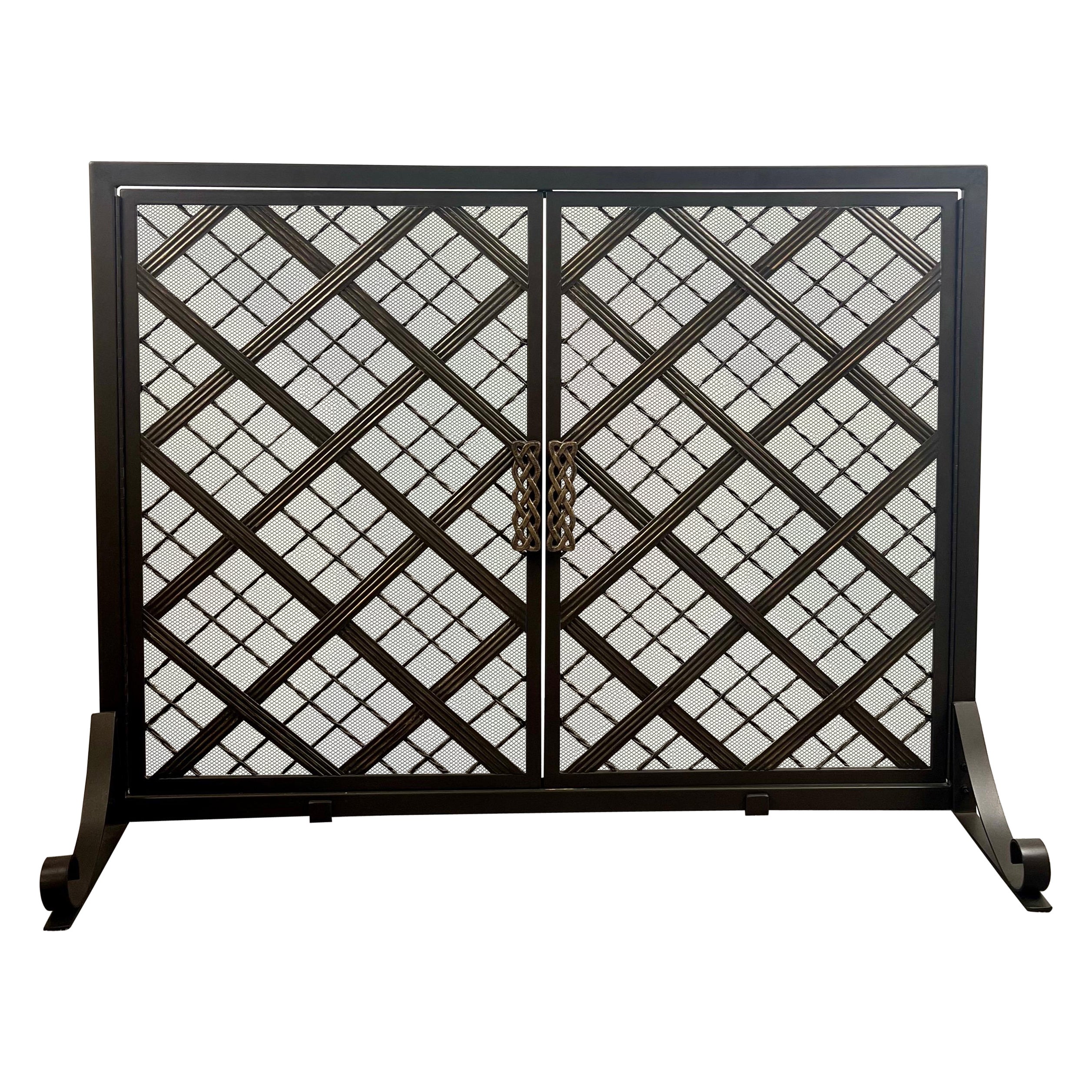 Art Deco Style Black & Bronzed Metal Two-Door & Diamond Design Fireplace Screen For Sale