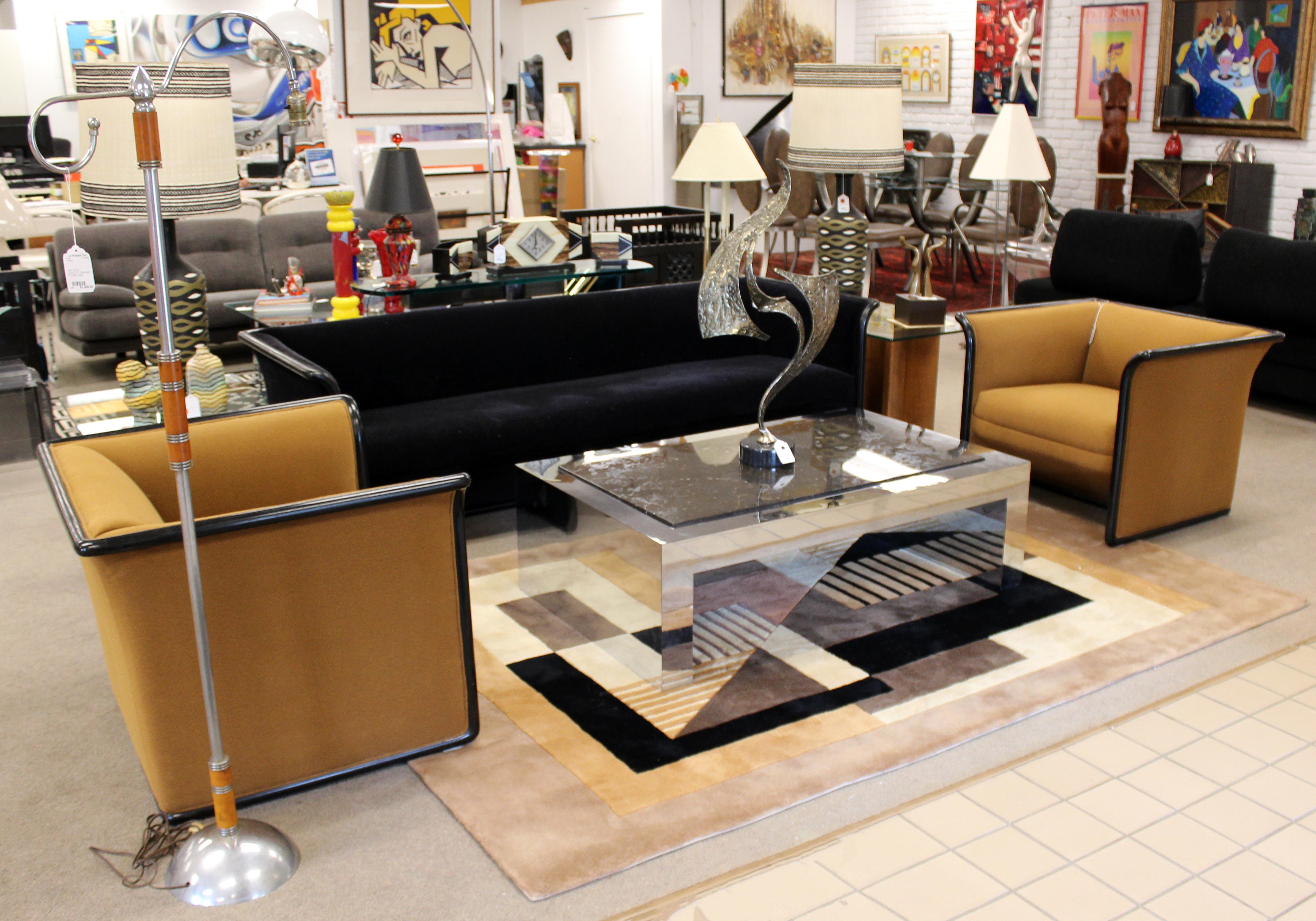 Art Deco Style Black & Brown Mohair Sofa & Pair of Chairs Ward Bennett Brickell 9