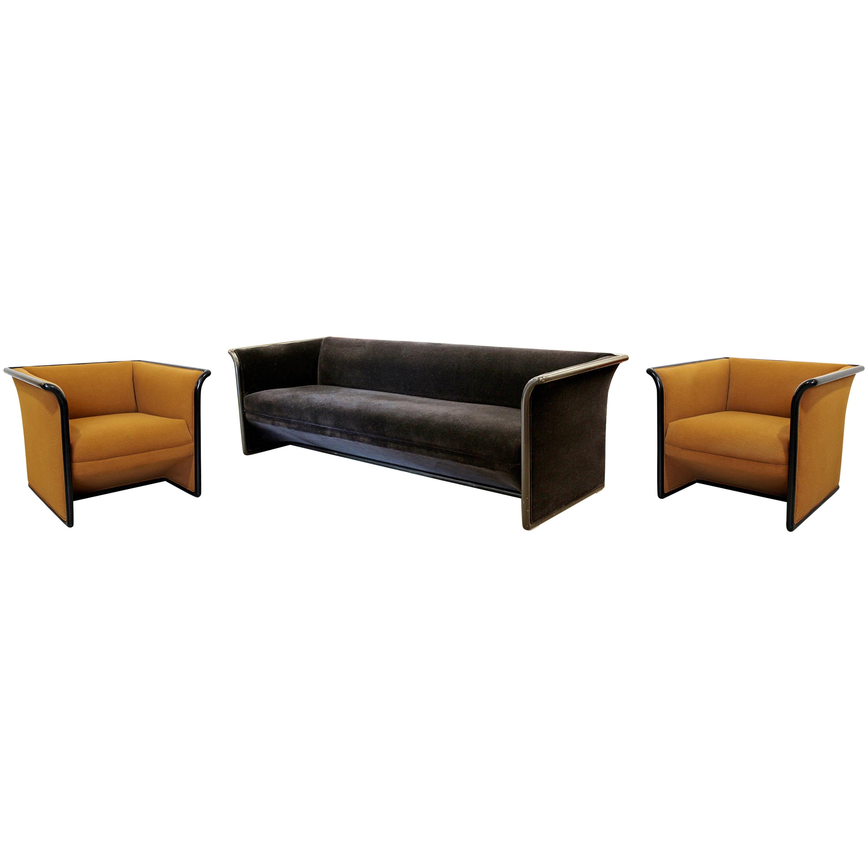 Art Deco Style Black & Brown Mohair Sofa & Pair of Chairs Ward Bennett Brickell