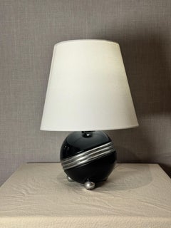 Art Deco Style Black Ceramic Orb Table Lamp with Chrome Banding and Tripod Feet