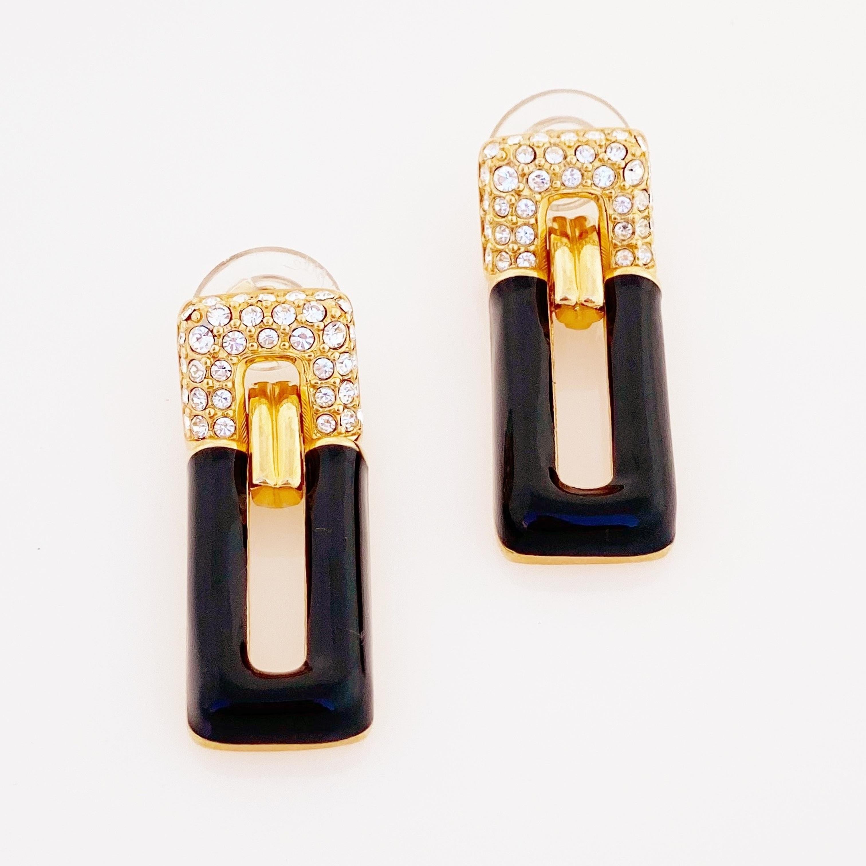 Modern Art Deco Style Black Enamel & Crystal Door Knocker Earrings By Swarovski, 1980s