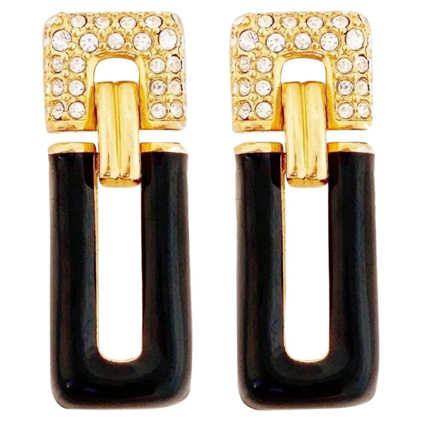 Art Deco Style Black Enamel & Crystal Door Knocker Earrings By Swarovski, 1980s