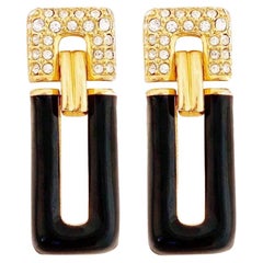 Vintage Art Deco Style Black Enamel & Crystal Door Knocker Earrings By Swarovski, 1980s