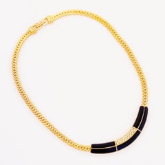 Art Deco Style Black Enamel, Crystal & Flat Chain Necklace By Swarovski, 1980s