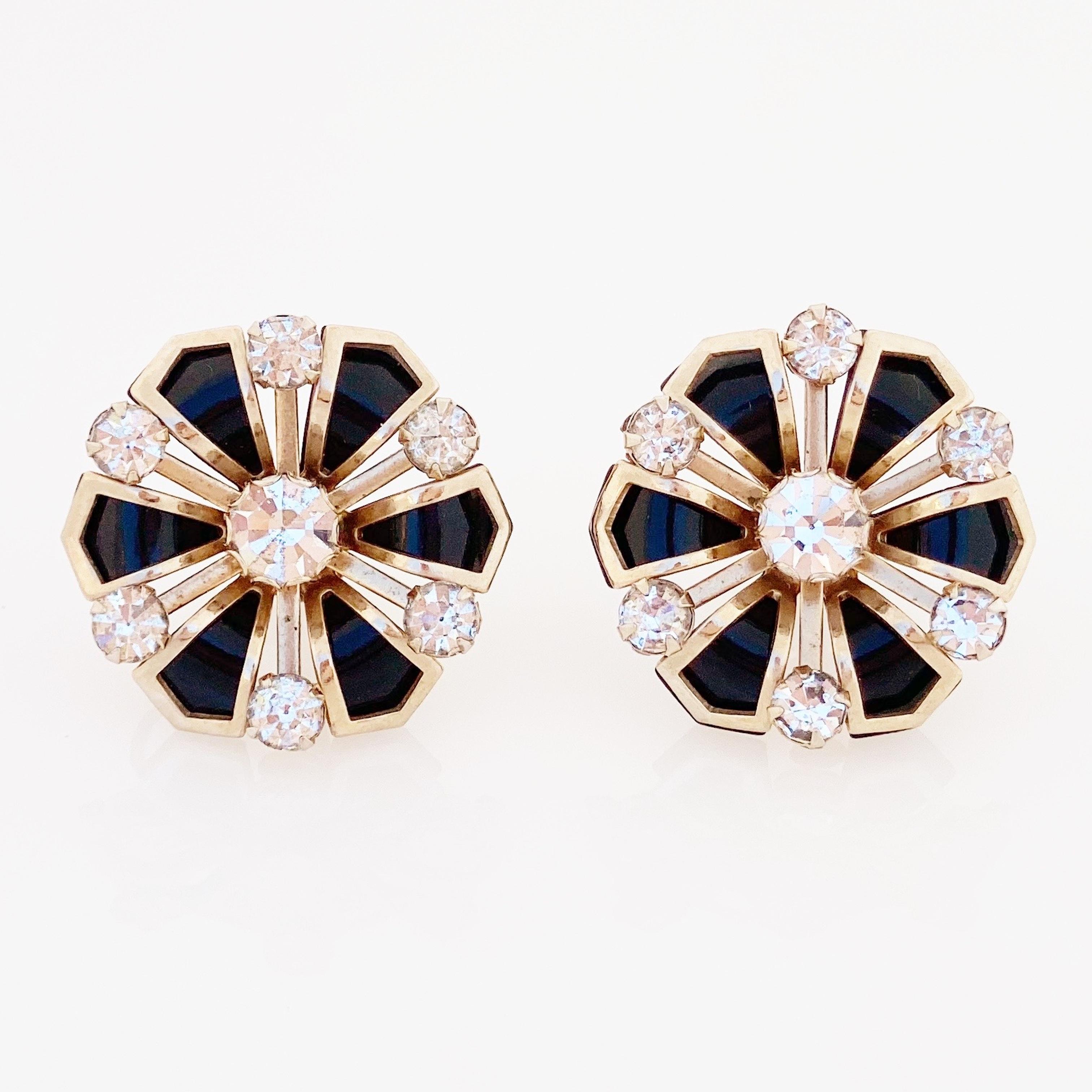 Modern Art Deco Style Black Flower Earrings With Rhinestone Accents, 1950s For Sale