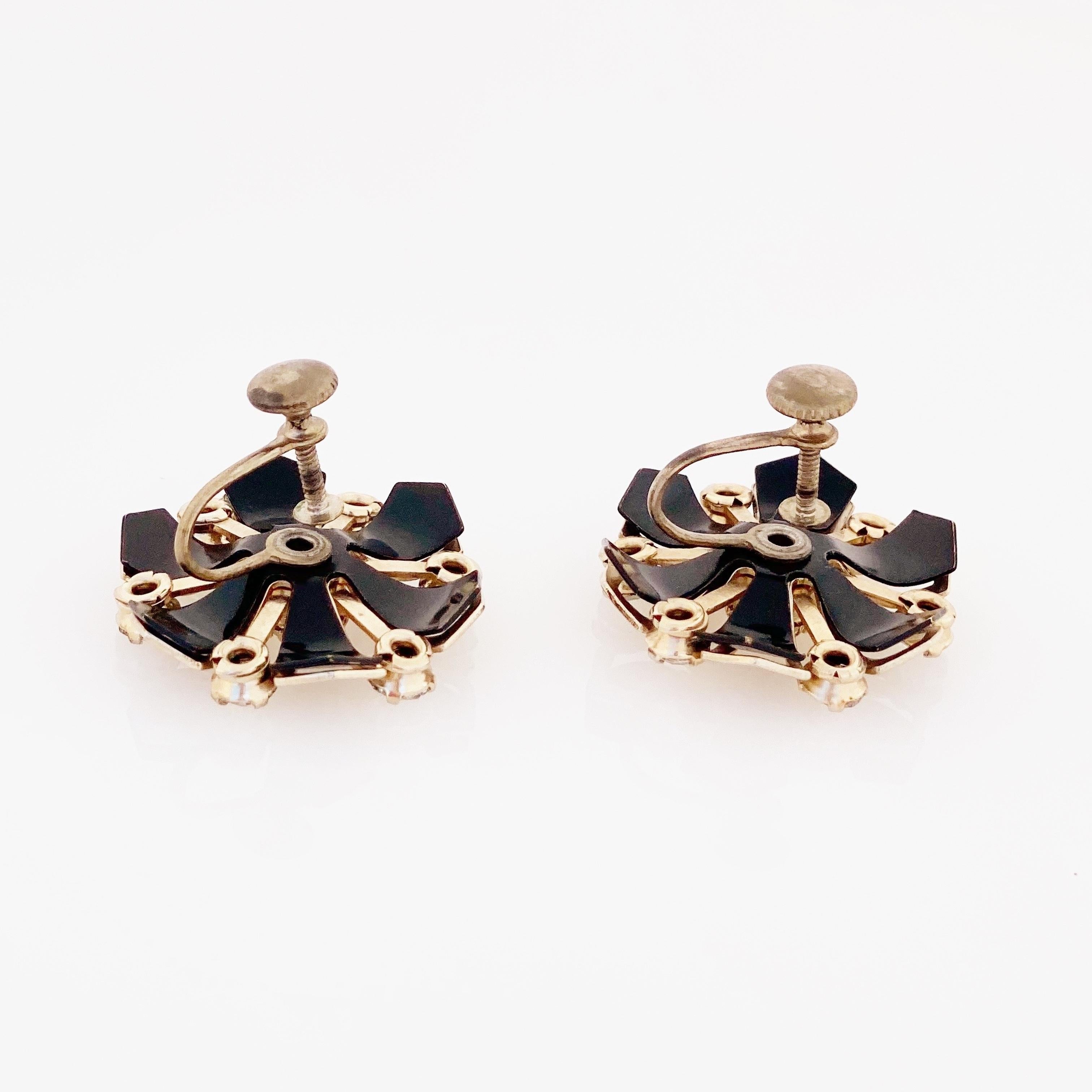 Art Deco Style Black Flower Earrings With Rhinestone Accents, 1950s In Good Condition For Sale In McKinney, TX