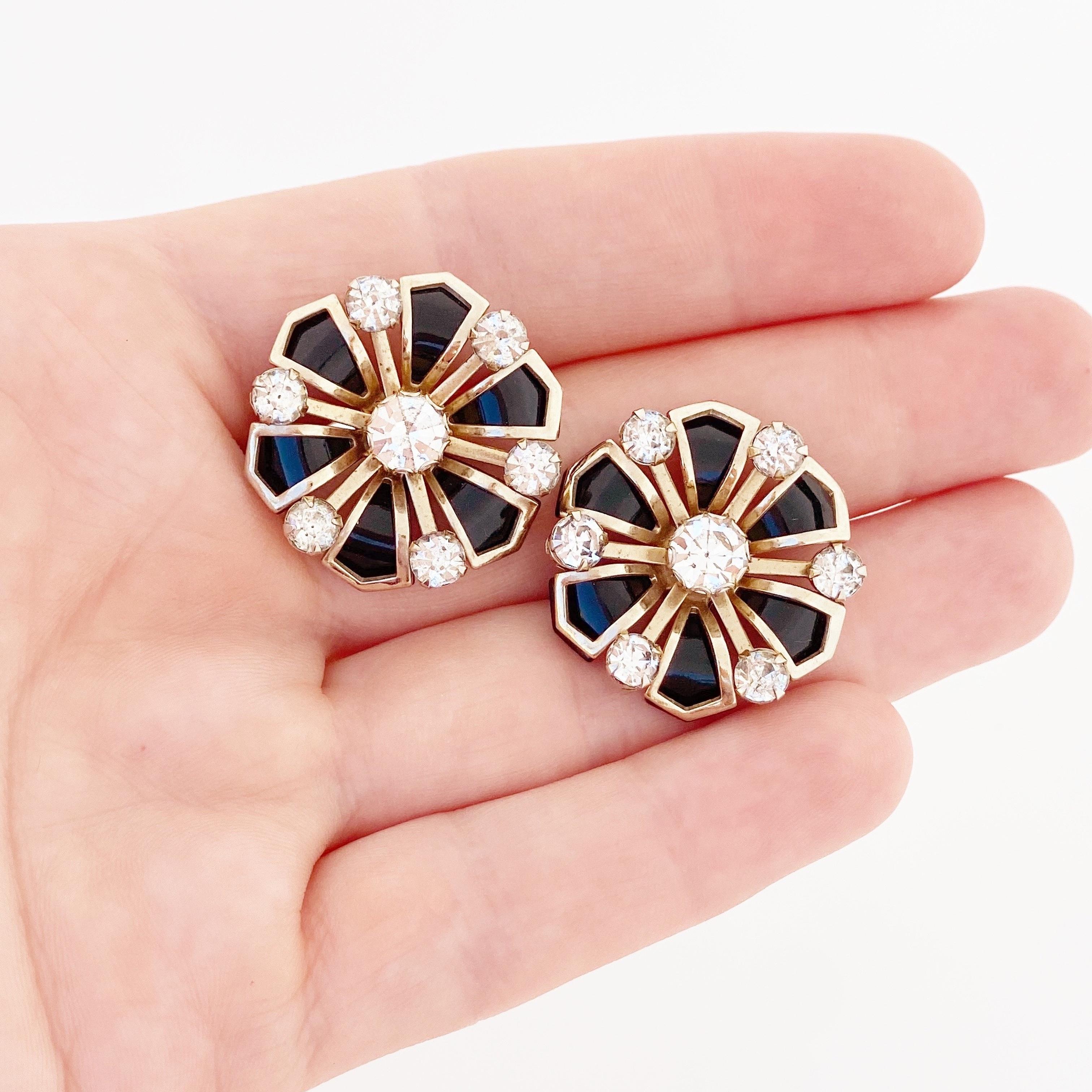 Women's Art Deco Style Black Flower Earrings With Rhinestone Accents, 1950s For Sale
