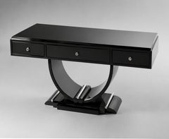 Art Deco Style Black Lacquer Console Table with U-Shaped Base and Chrome Accents