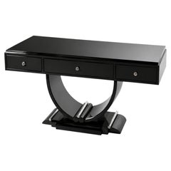 Art Deco Style Black Lacquer Console Table with U-Shaped Base and Chrome Accents
