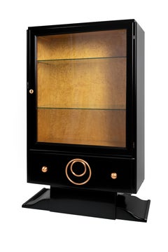 Art Deco Style Black Lacquer Display Cabinet with Burl Wood Interior