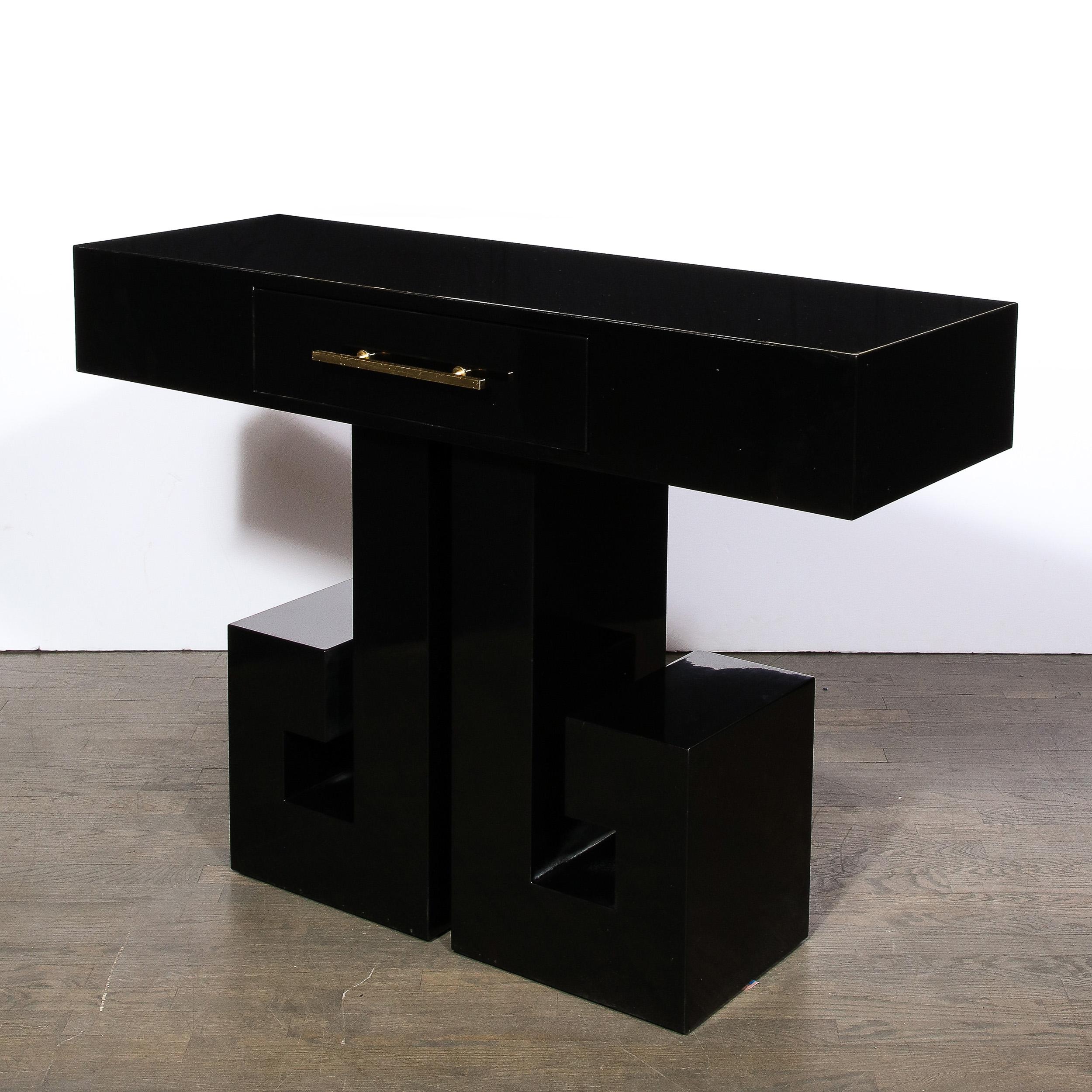Art Deco Style Black Lacquer Greek Key Console with Brass Pull and Drawer For Sale 5
