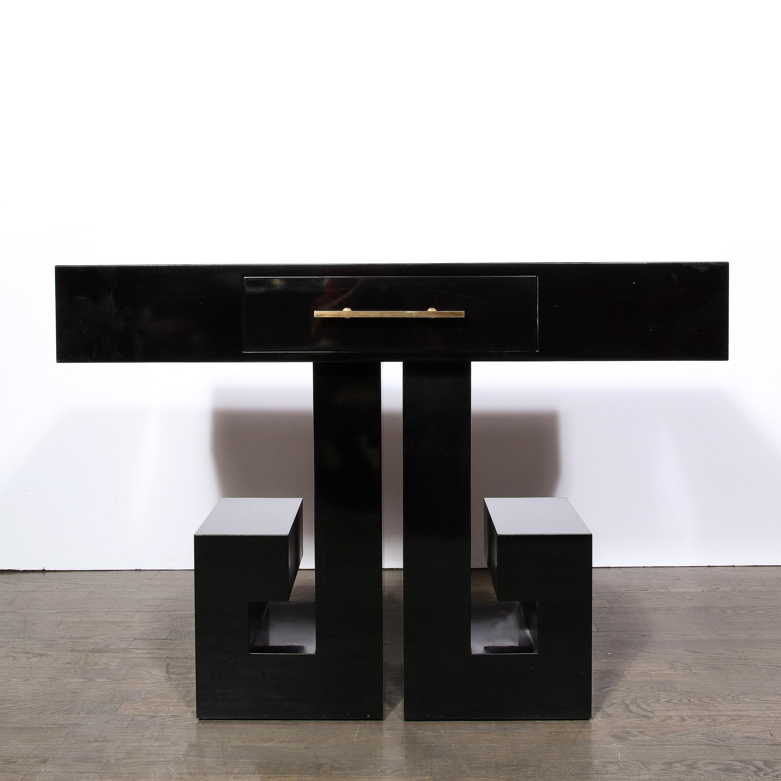 Art Deco Style Black Lacquer Greek Key Console with Brass Pull and Drawer For Sale 7