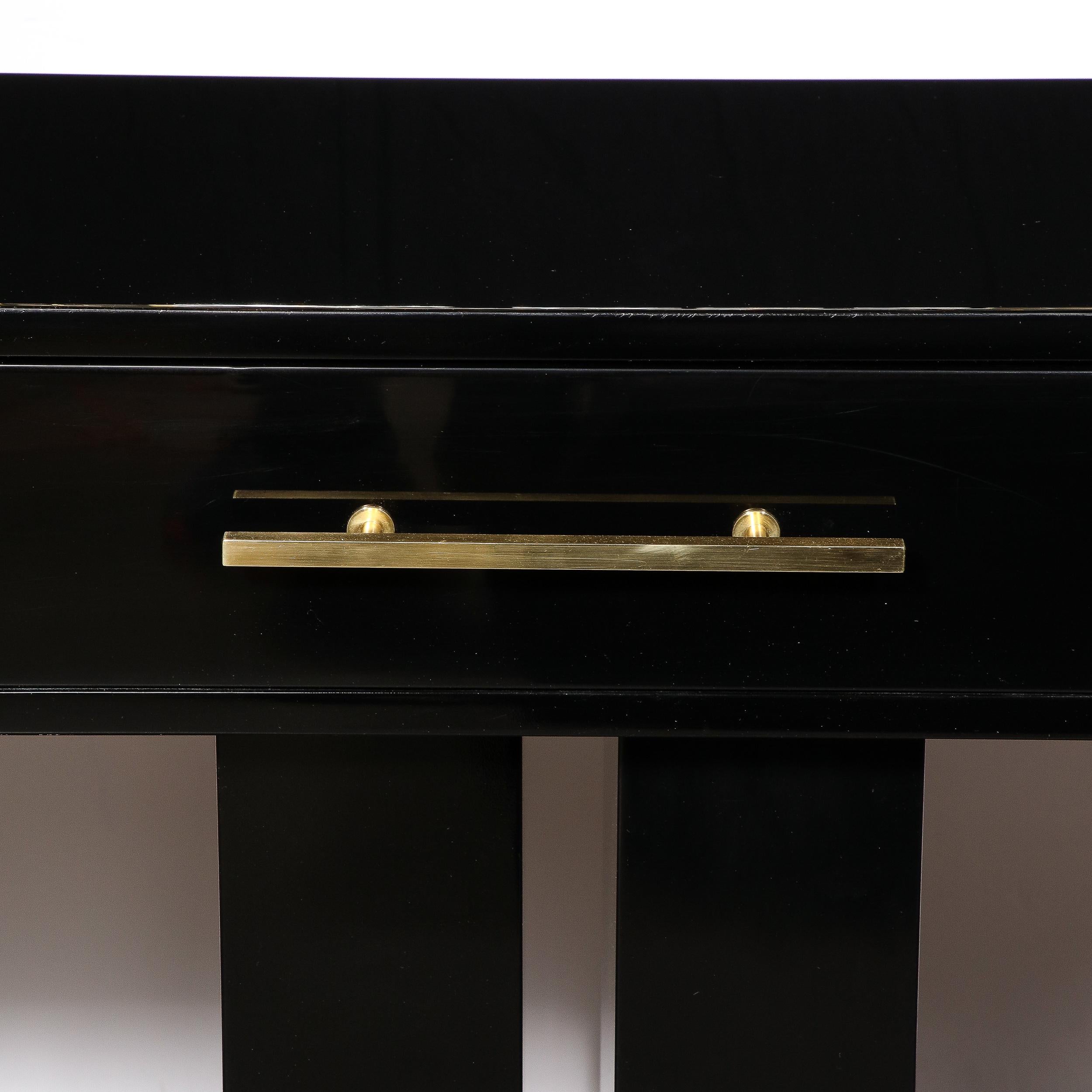 American Art Deco Style Black Lacquer Greek Key Console with Brass Pull and Drawer For Sale
