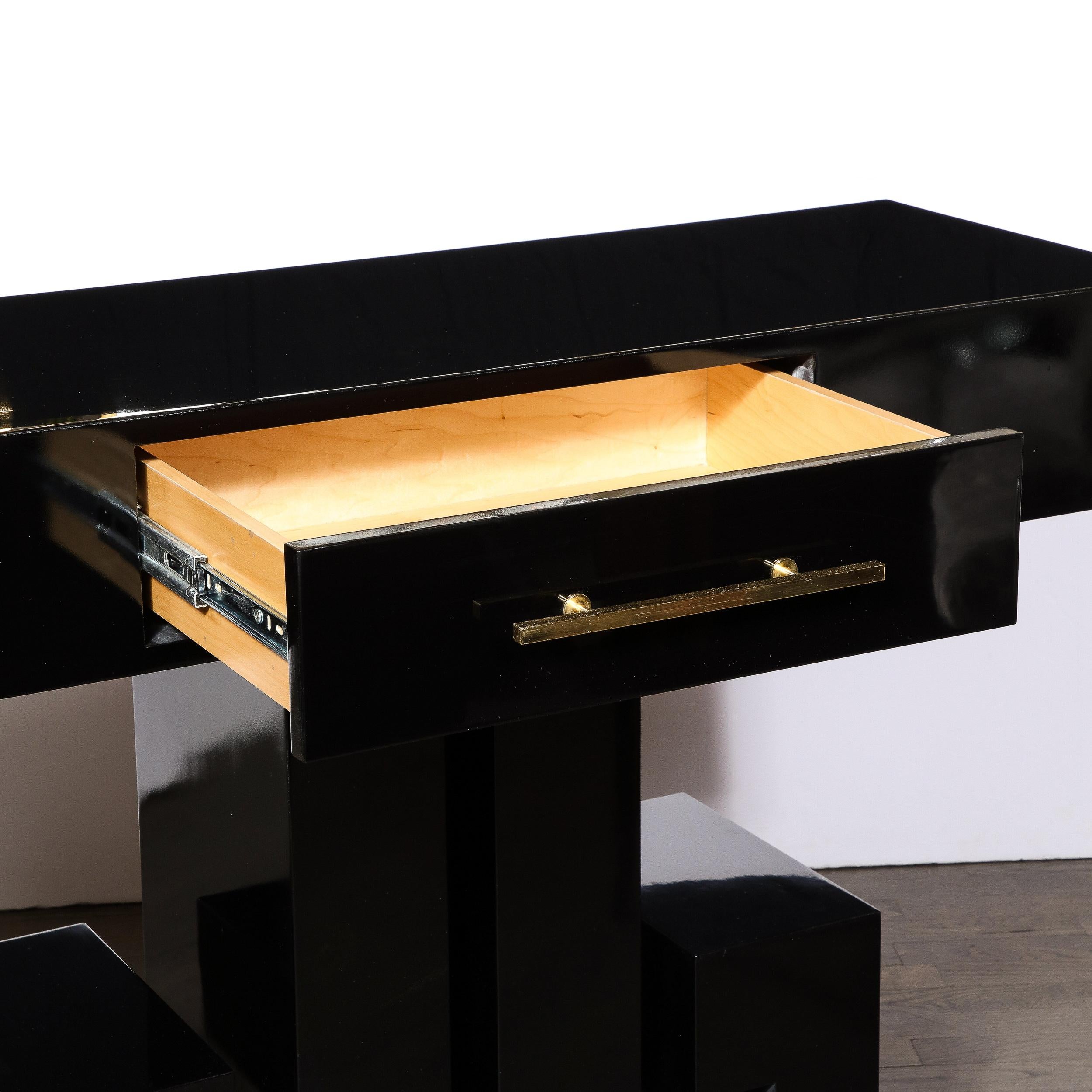 20th Century Art Deco Style Black Lacquer Greek Key Console with Brass Pull and Drawer For Sale