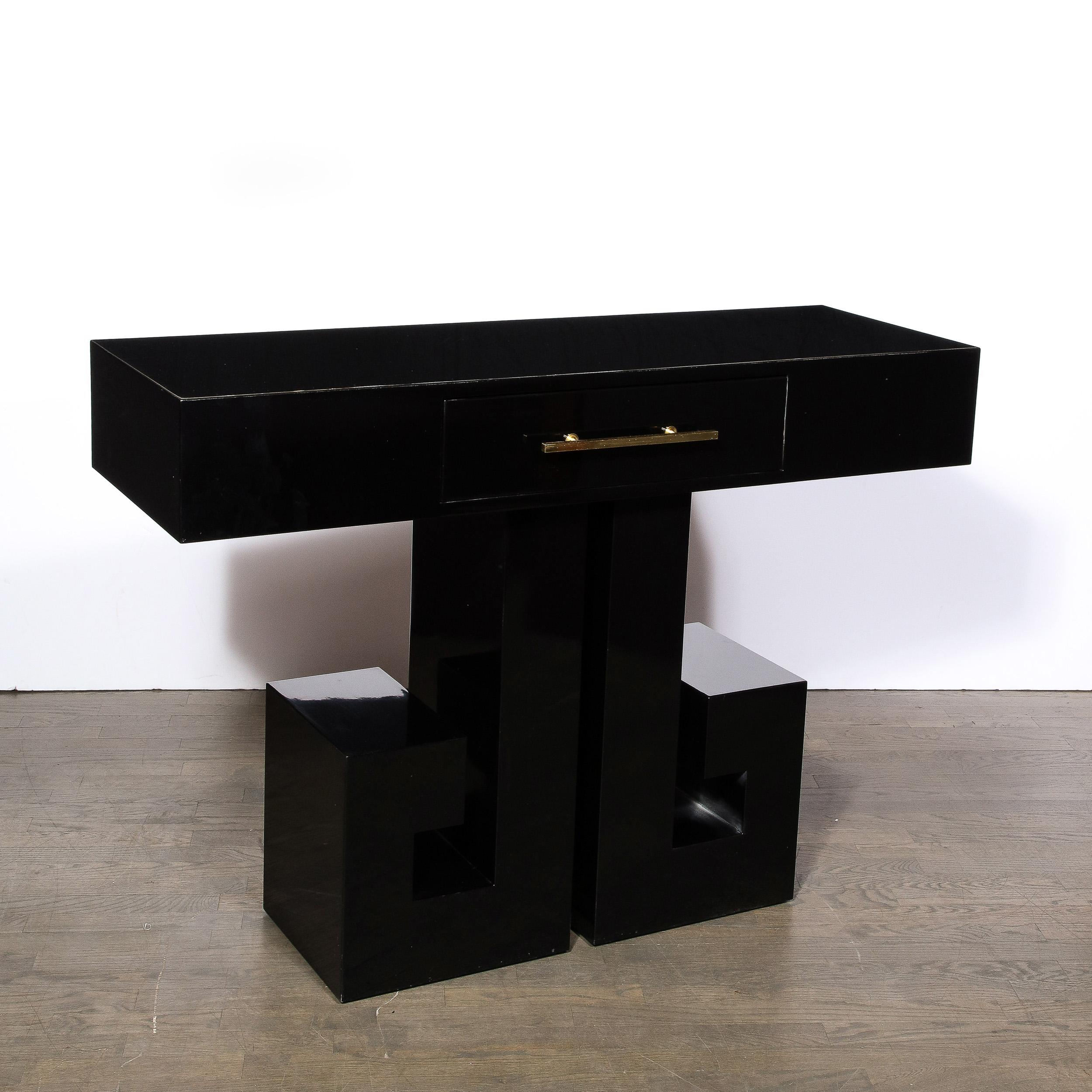 Art Deco Style Black Lacquer Greek Key Console with Brass Pull and Drawer For Sale 1