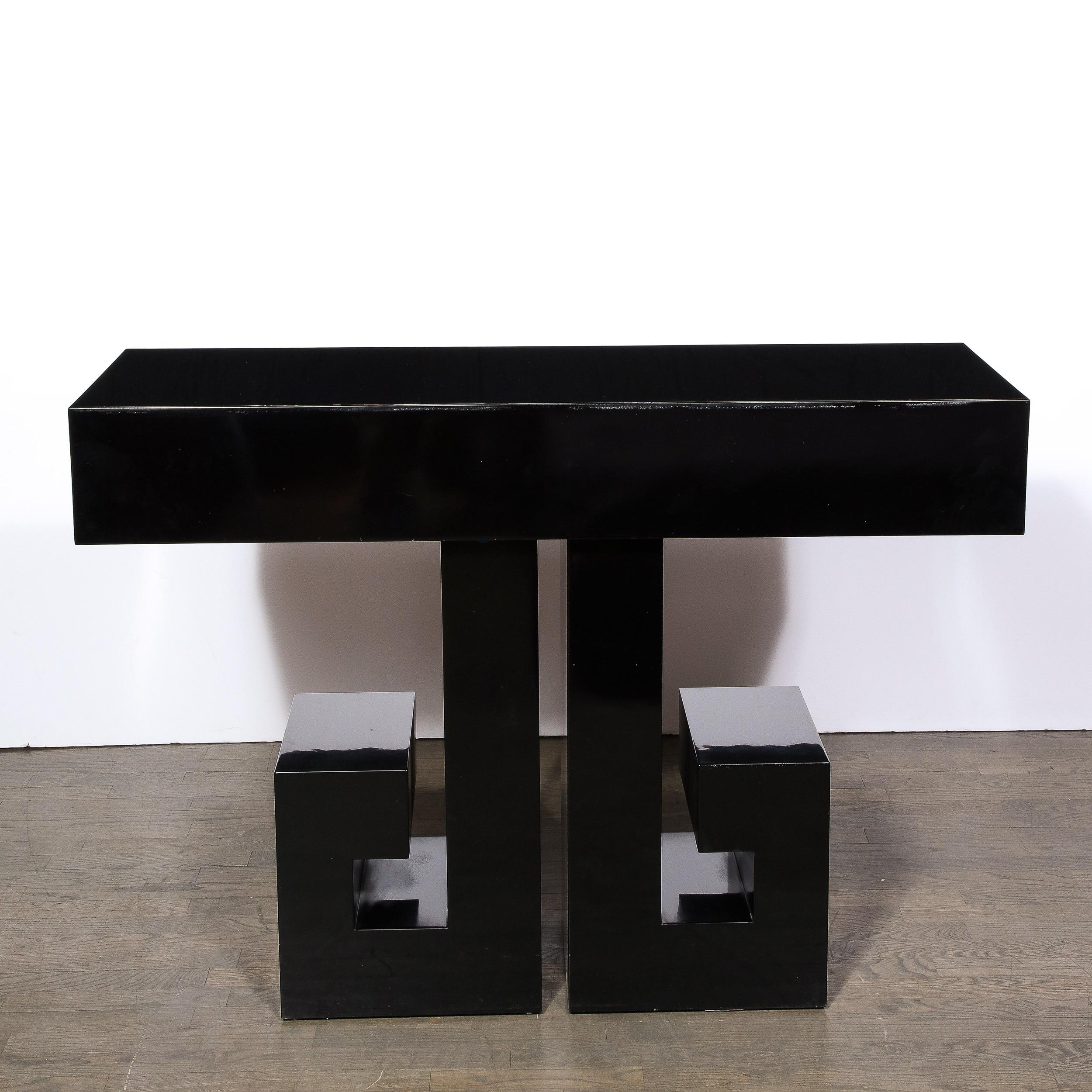 Art Deco Style Black Lacquer Greek Key Console with Brass Pull and Drawer For Sale 3