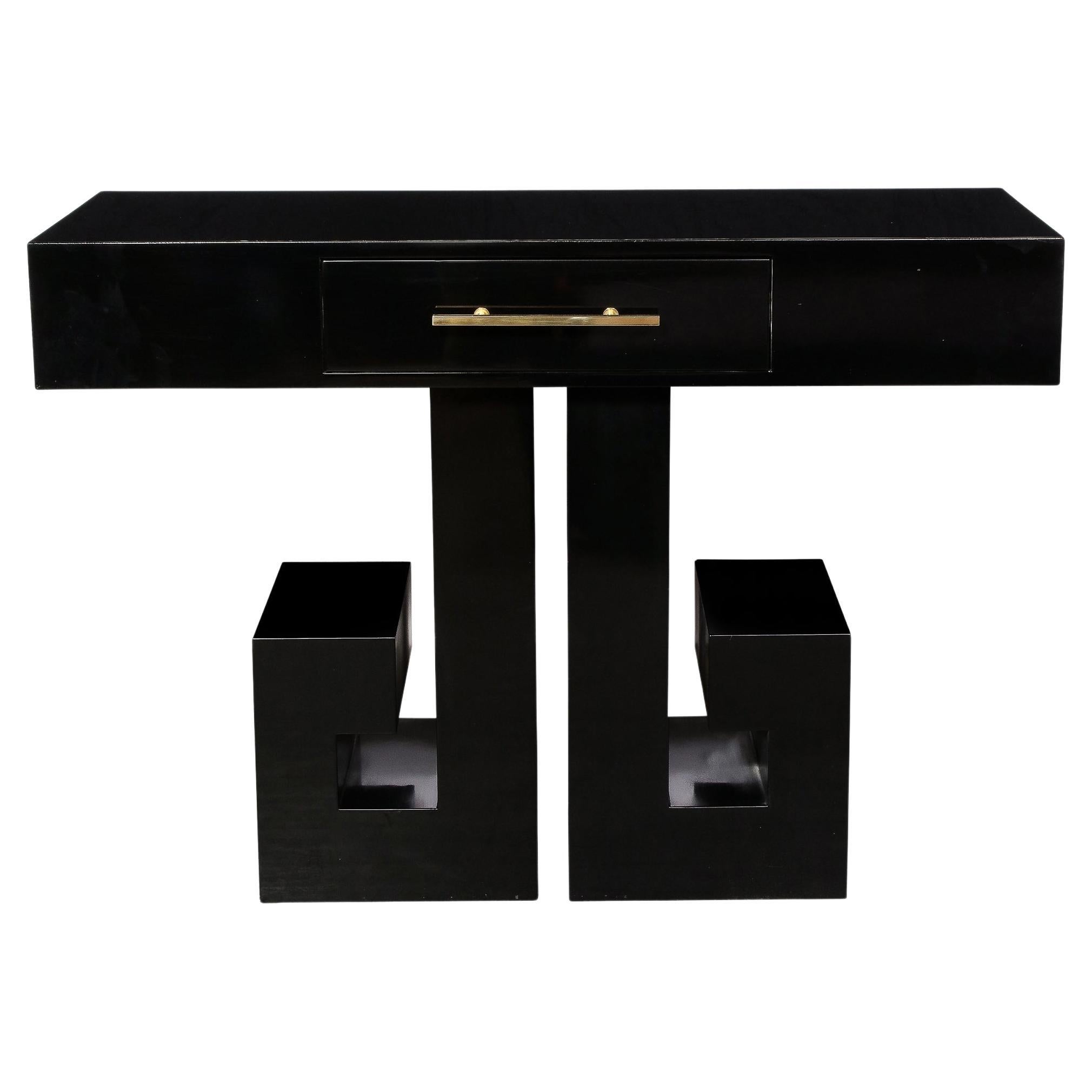 Art Deco Style Black Lacquer Greek Key Console with Brass Pull and Drawer For Sale
