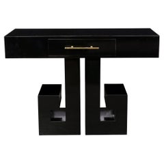 Vintage Art Deco Style Black Lacquer Greek Key Console with Brass Pull and Drawer