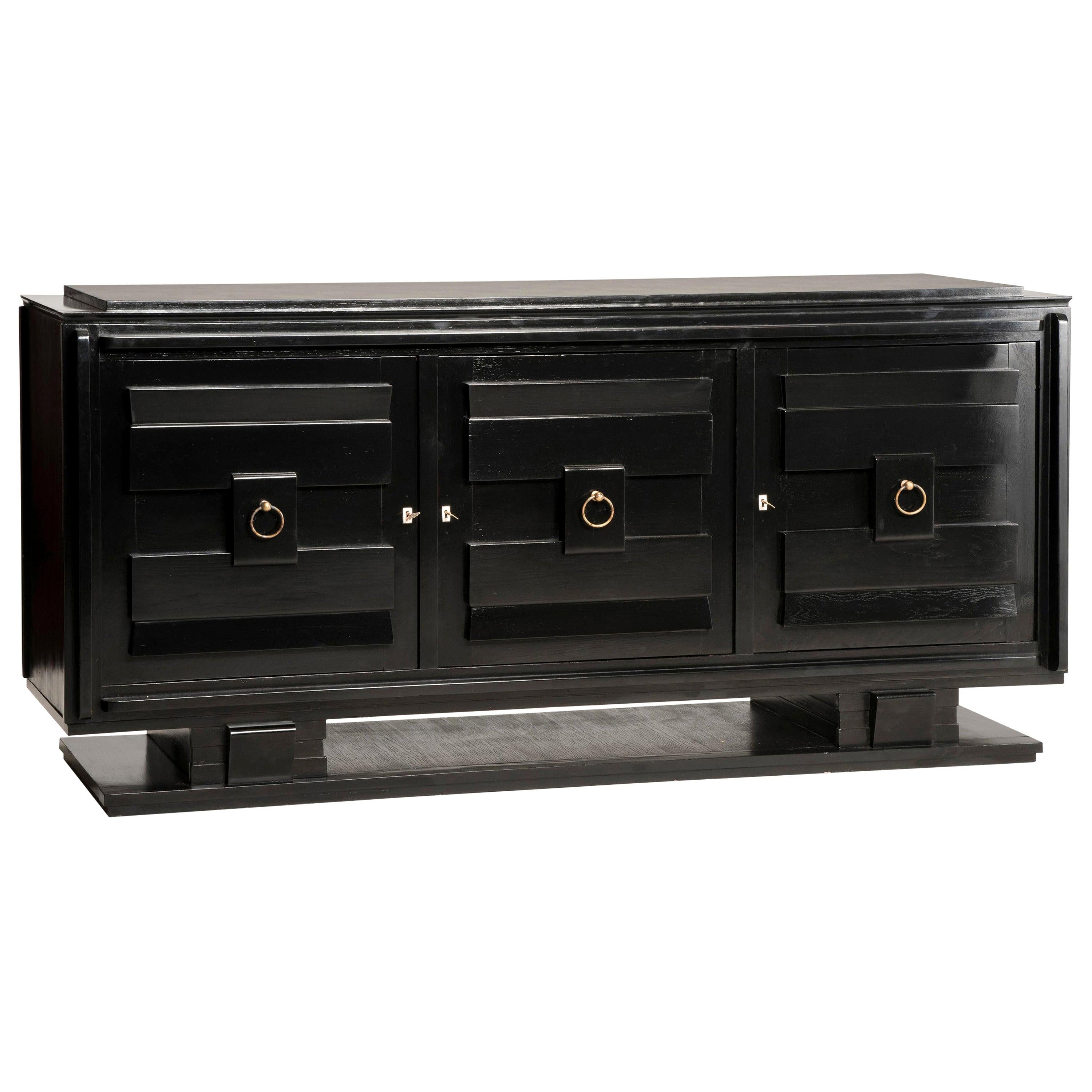 Art Deco Style Black Lacquered Crystal Top Three Doors Credenza