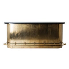 Art Deco Style Black Marble Stone Top and Oval Brass Bar Cabinet or Counter