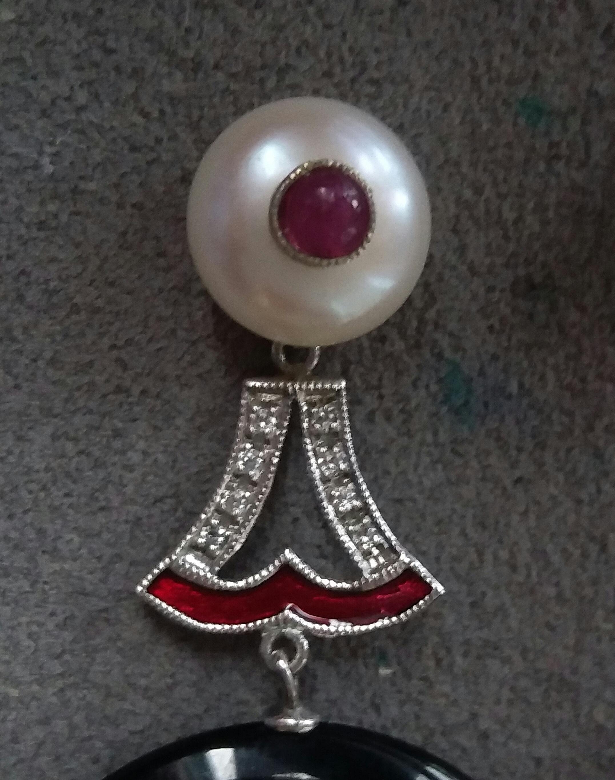 Mixed Cut Art Deco Style Black Onyx Pearl Ruby Gold Enamel Diamonds Dangling Earrings For Sale