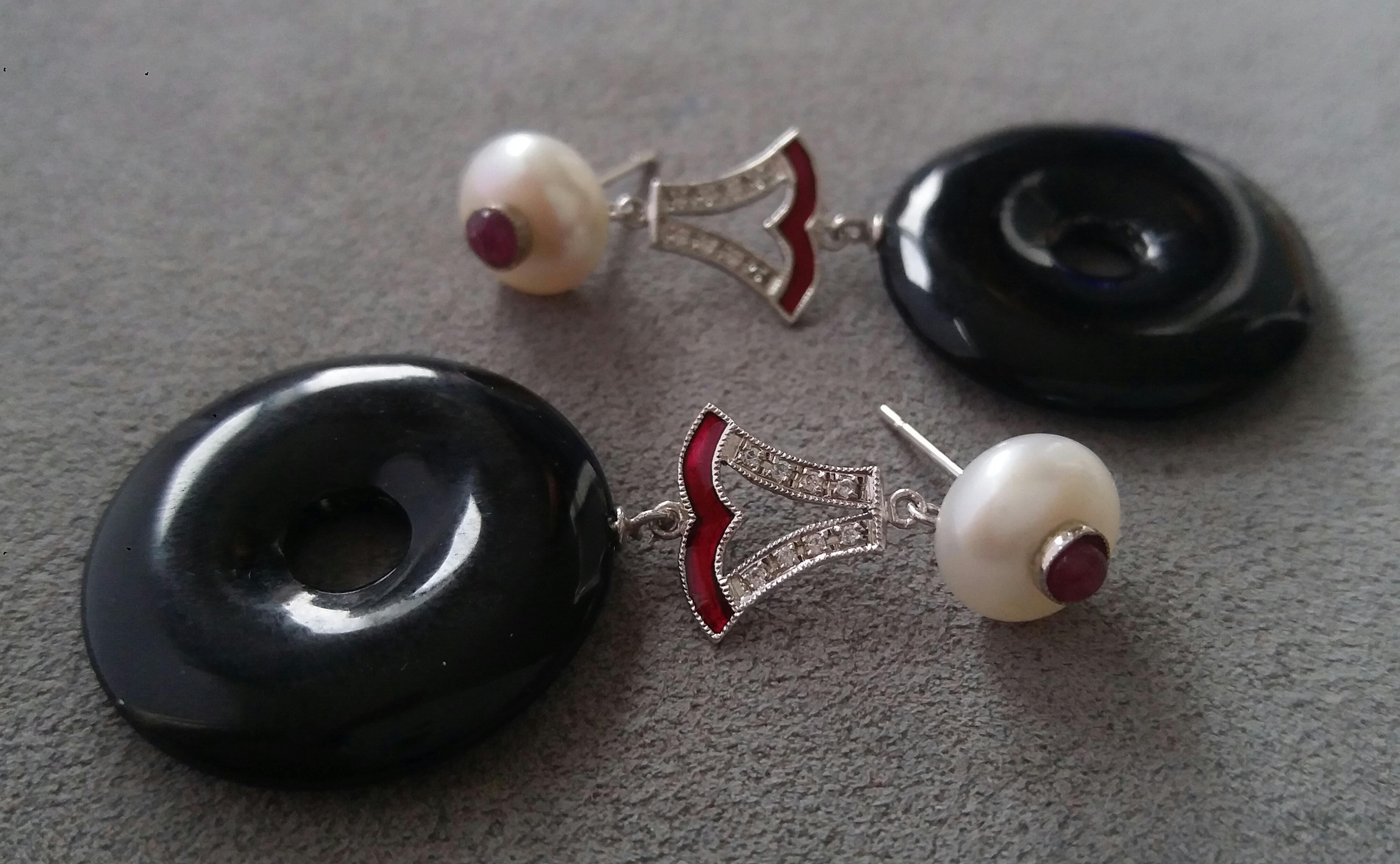 Women's Art Deco Style Black Onyx Pearl Ruby Gold Enamel Diamonds Dangling Earrings For Sale