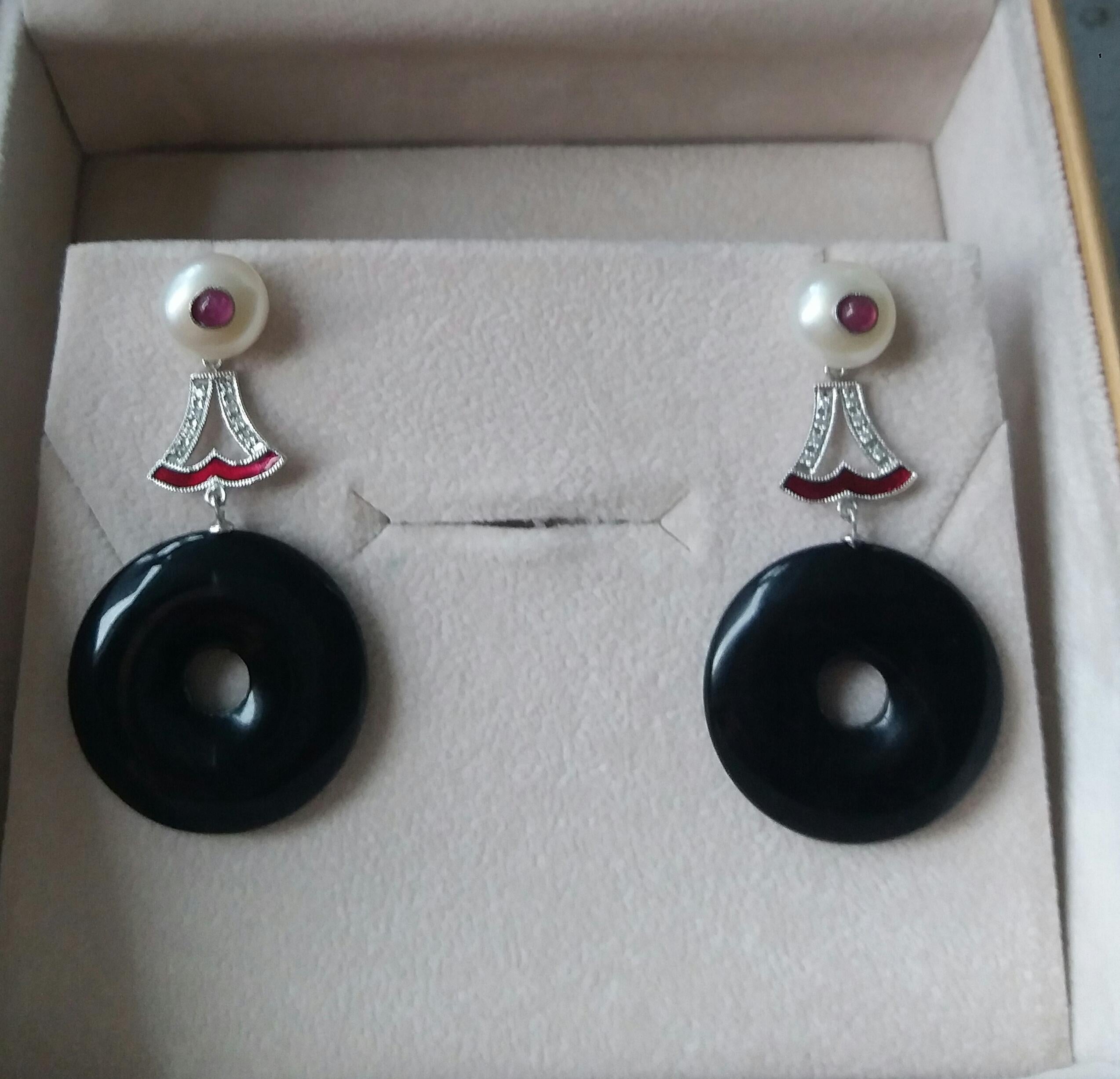 Ohrringe im Art-Déco-Stil mit schwarzem Onyx, Perle, Rubin, Gold, Emaille und Diamanten Damen im Angebot