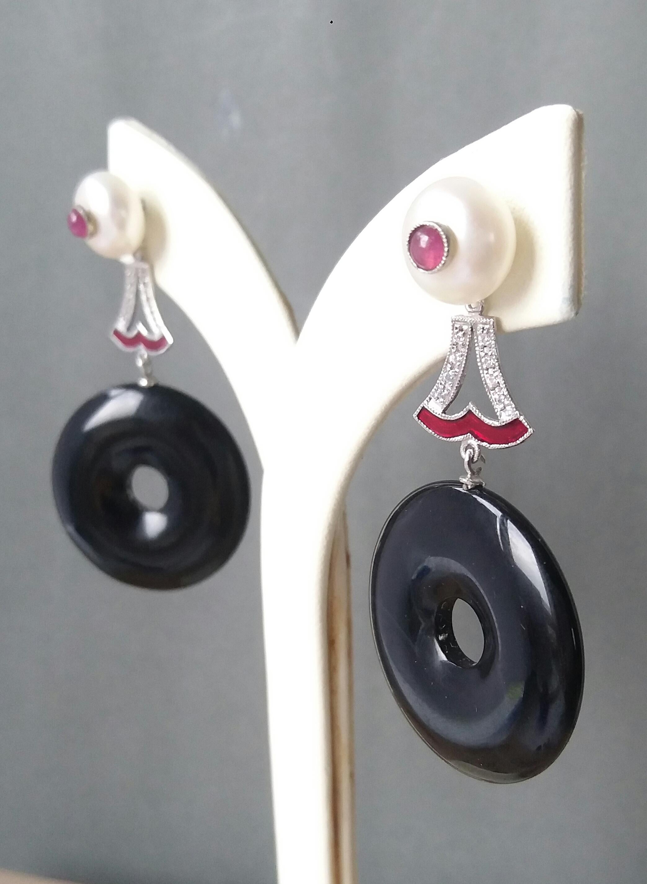Art Deco Style Black Onyx Pearl Ruby Gold Enamel Diamonds Dangling Earrings For Sale 3