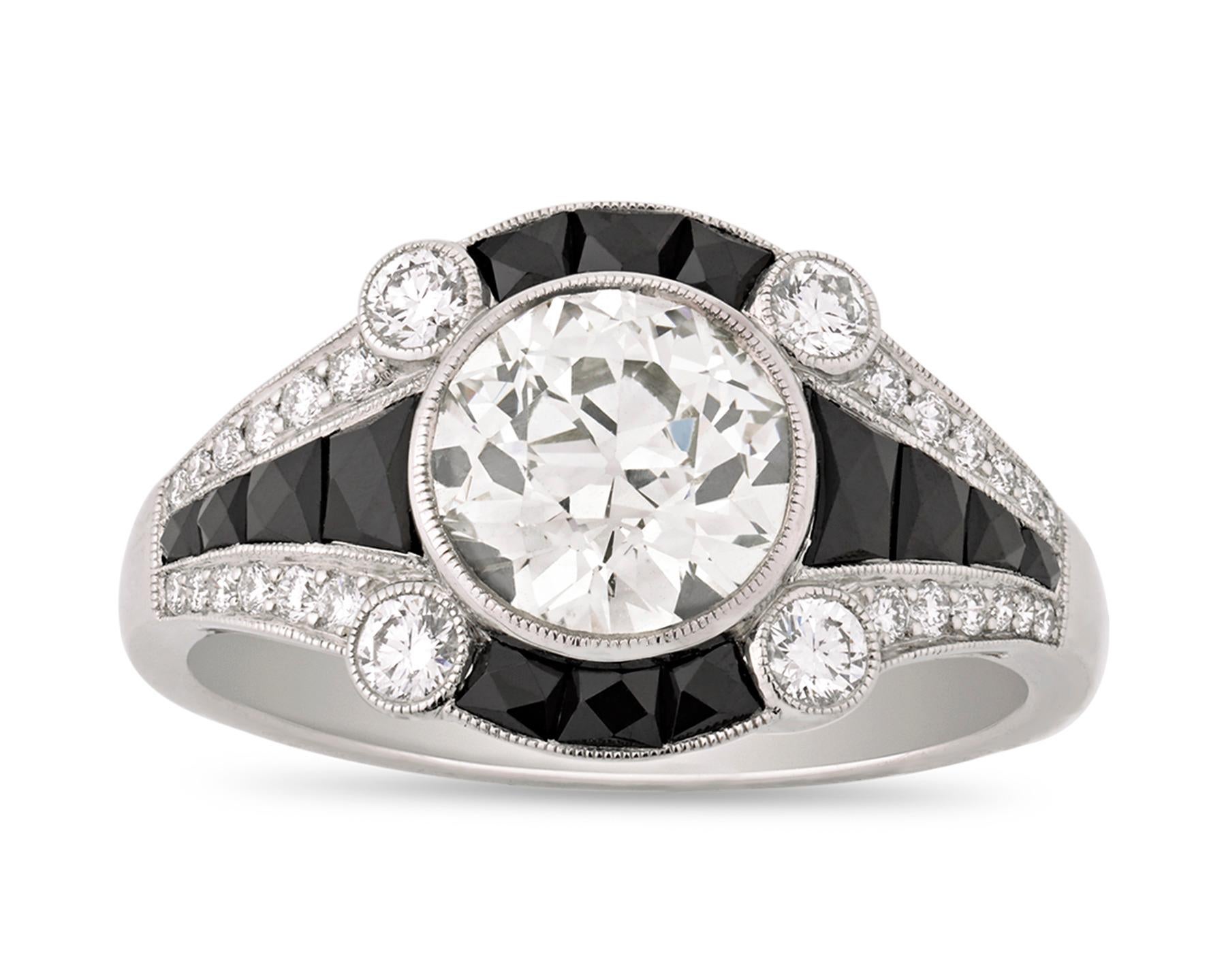 Women's or Men's Art Deco Style Black Onyx and Round-Cut Diamond Ring