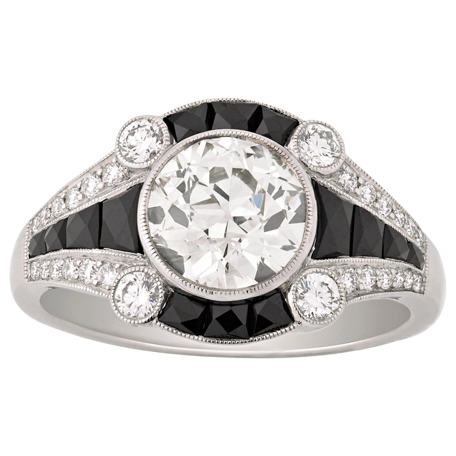 Art Deco Style Black Onyx and Round-Cut Diamond Ring