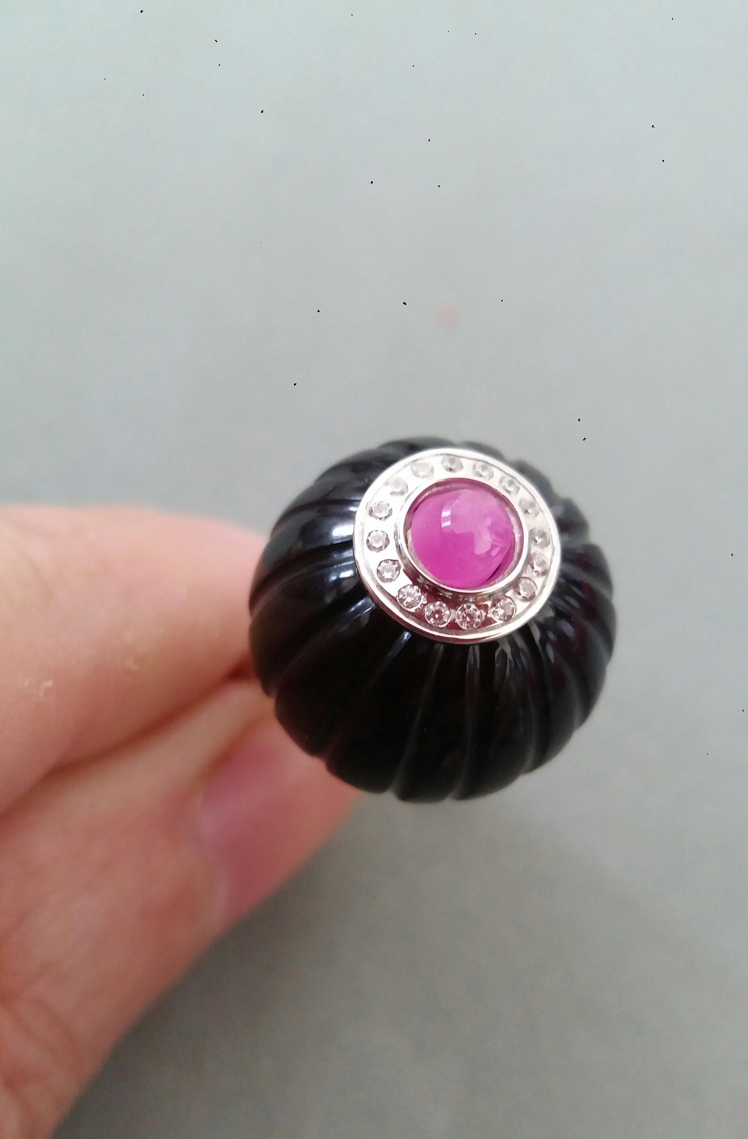 For Sale:  Art Deco Style Black Onyx Carved Ball Ruby 14k White Gold Diamonds Cocktail Ring 10